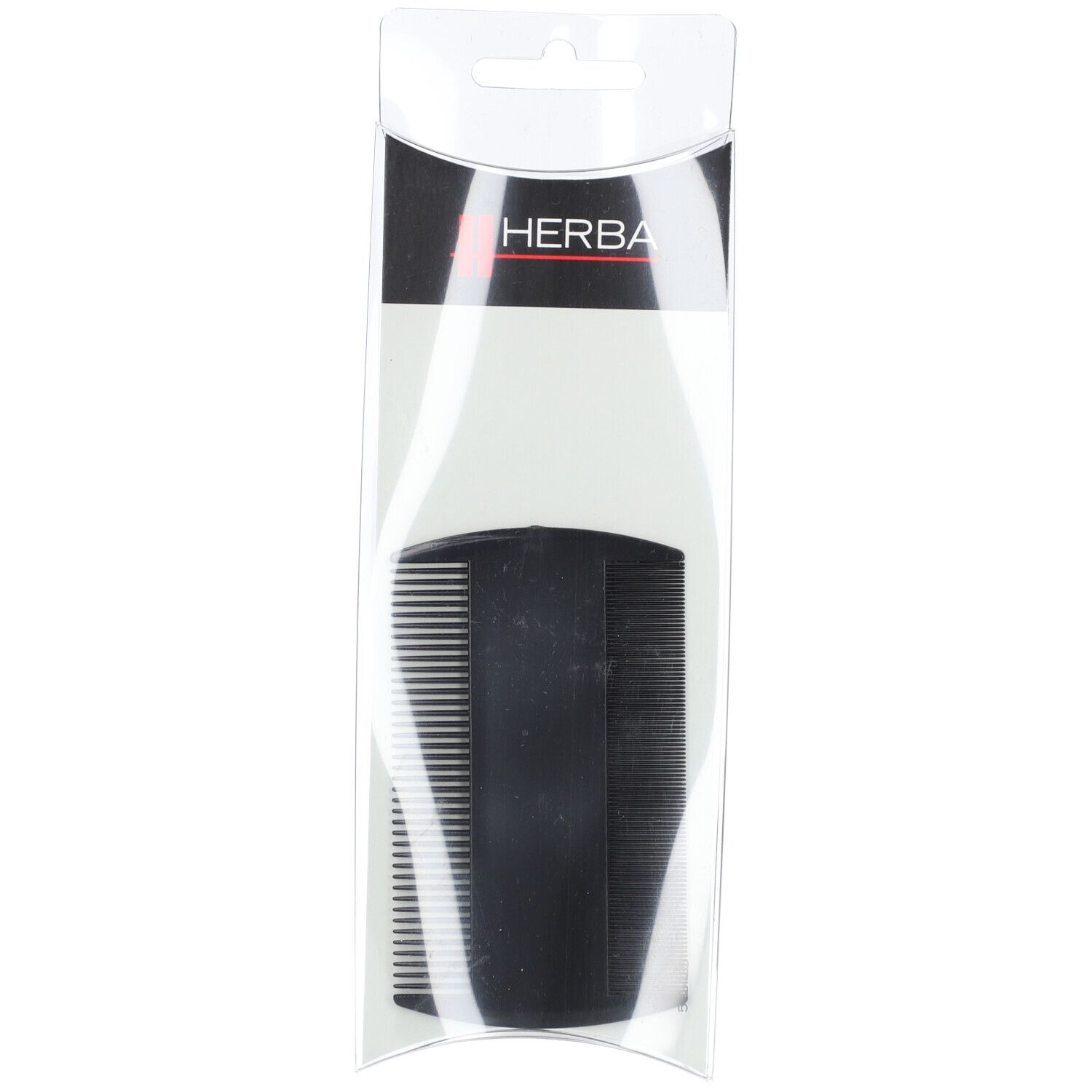 Peigne noir dans un emballage transparent. Le mot "HERBA" est visible.