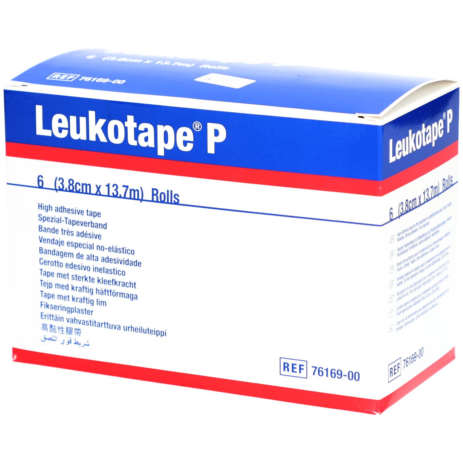 Blau-weiße Verpackung von Leukotape P. Enthält 6 Rollen (3,8cm x 13,7m). Aufschrift: High adhesive tape.