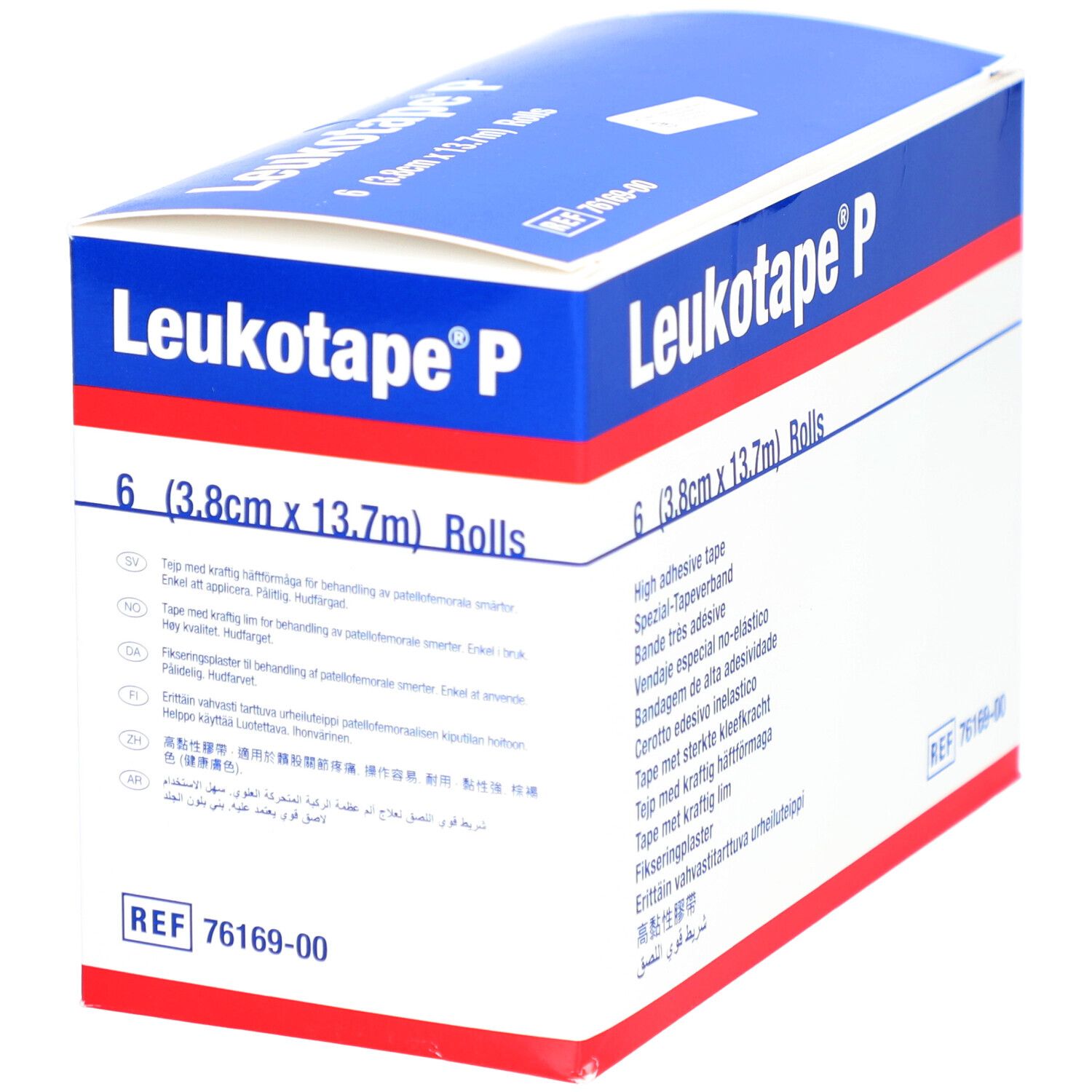 Blau-weiße Verpackung von Leukotape P. Enthält 6 Rollen (3,8cm x 13,7m). Mehrsprachige Produktinformationen.
