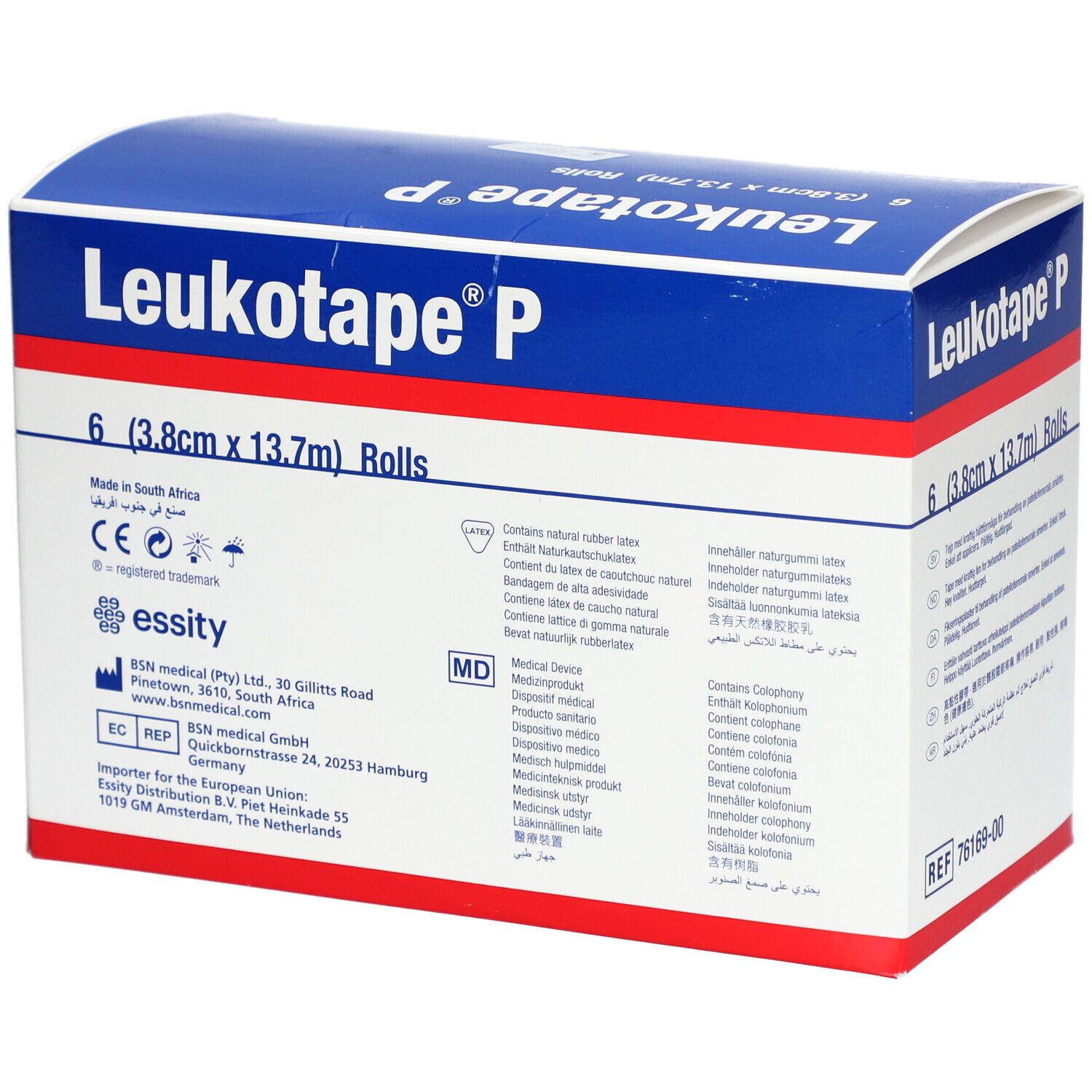 Blau-weiße Verpackung von Leukotape P. Enthält 6 Rollen (3,8cm x 13,7m). Mit Herstellerinformationen und MD-Symbol.