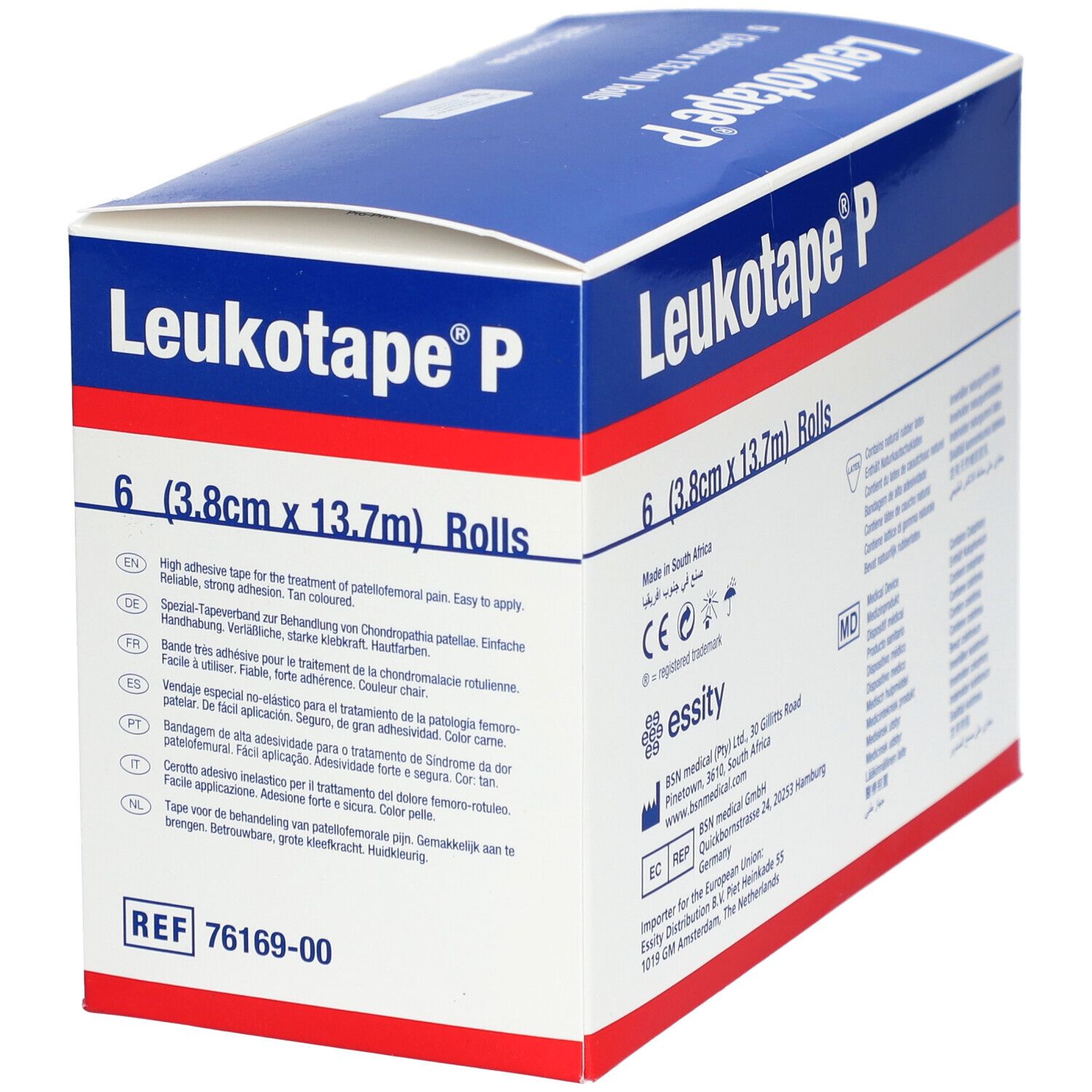 Blau-weiße Verpackung von Leukotape P. Enthält 6 Rollen (3,8cm x 13,7m). Mehrsprachige Produktinformationen.