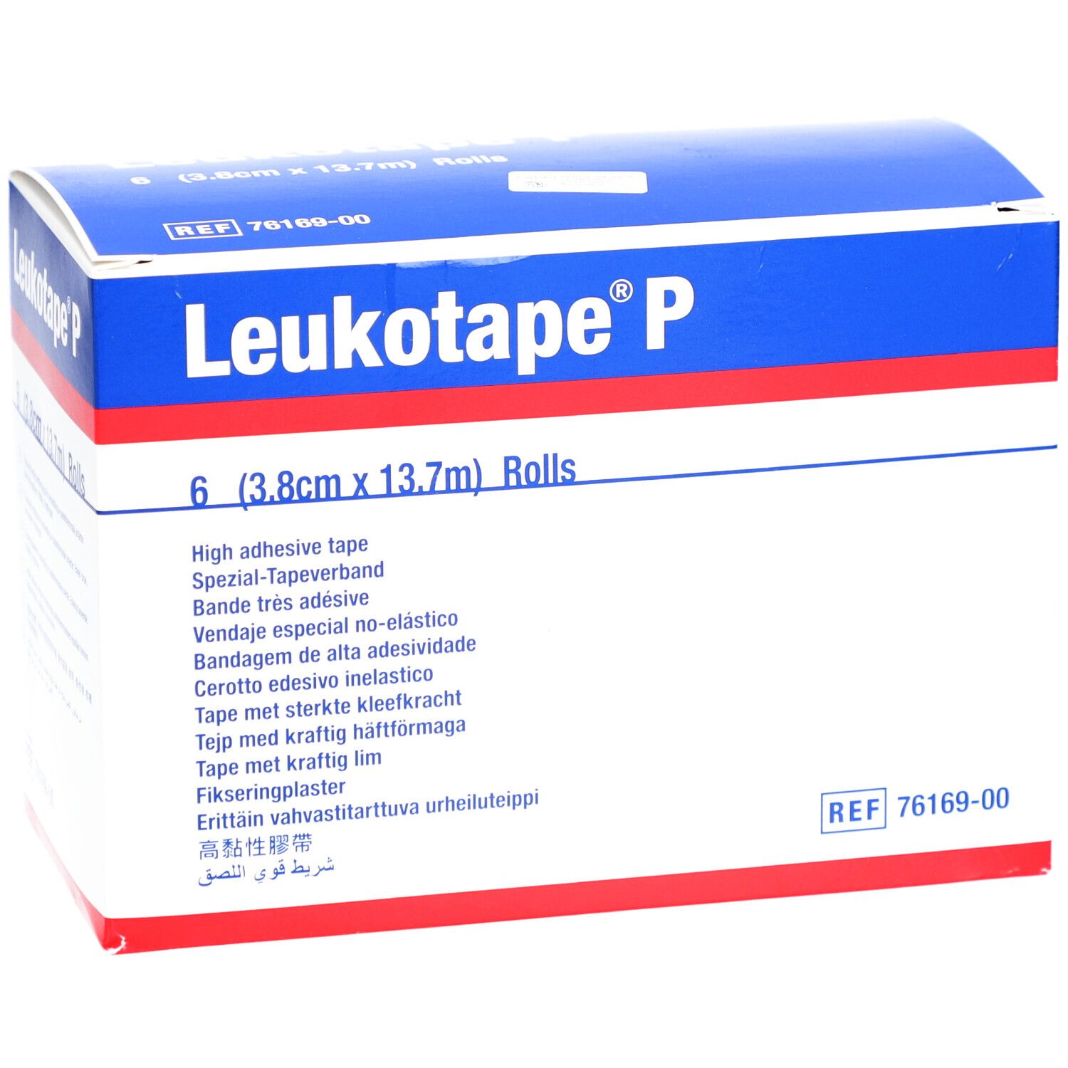 Blau-weiße Verpackung von Leukotape P. Enthält 6 Rollen (3,8cm x 13,7m). Mehrsprachige Produktinformationen.