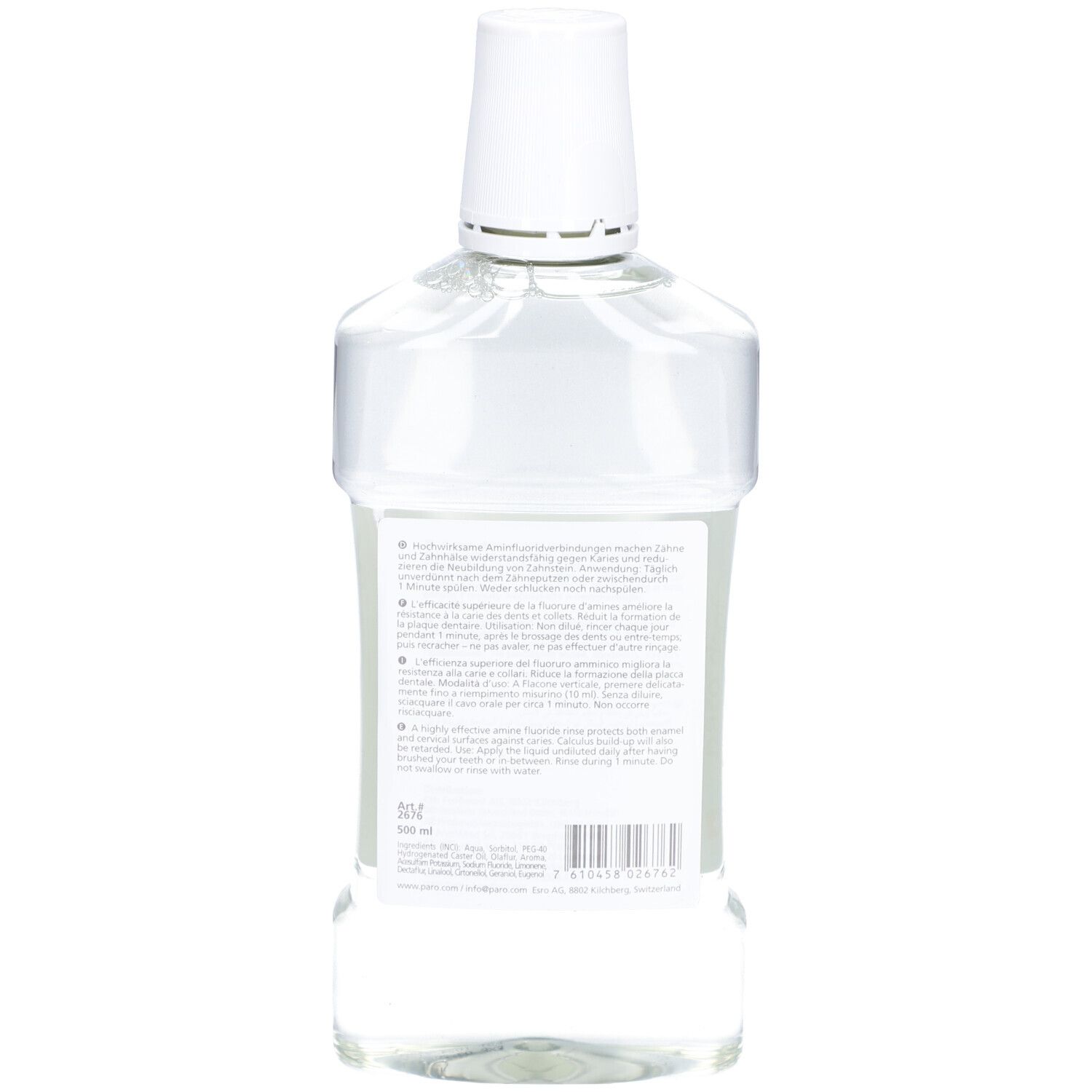 Rückseite der parodont DENT Dentalspülung-Flasche. Text in mehreren Sprachen, einschließlich deutscher Produktinformationen.