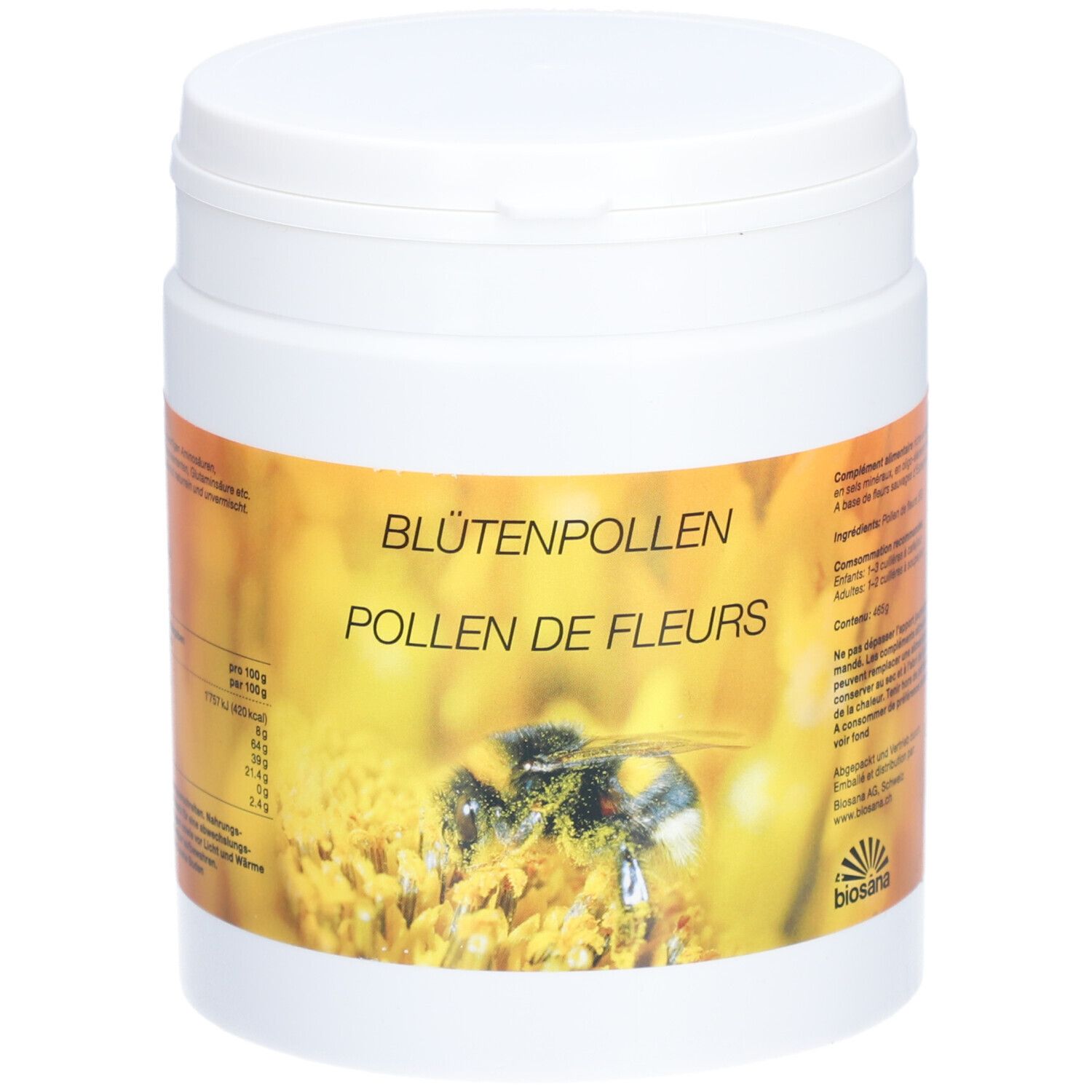 Weißer Behälter mit Deckel. Aufschrift: Blütenpollen, Pollen de Fleurs. Abbildung einer Biene auf einer Blüte. Marke: biosana.