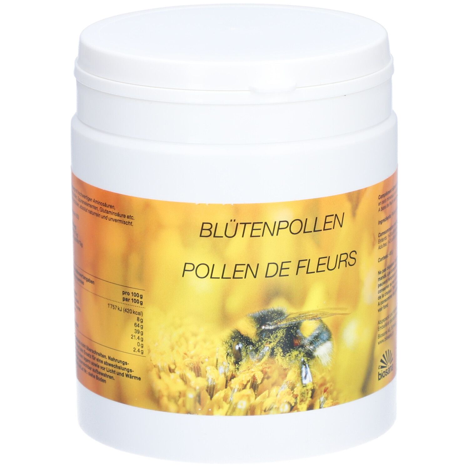 Weißer Behälter mit Deckel. Aufschrift: Blütenpollen, Pollen de Fleurs. Abbildung einer Biene auf einer Blüte. 