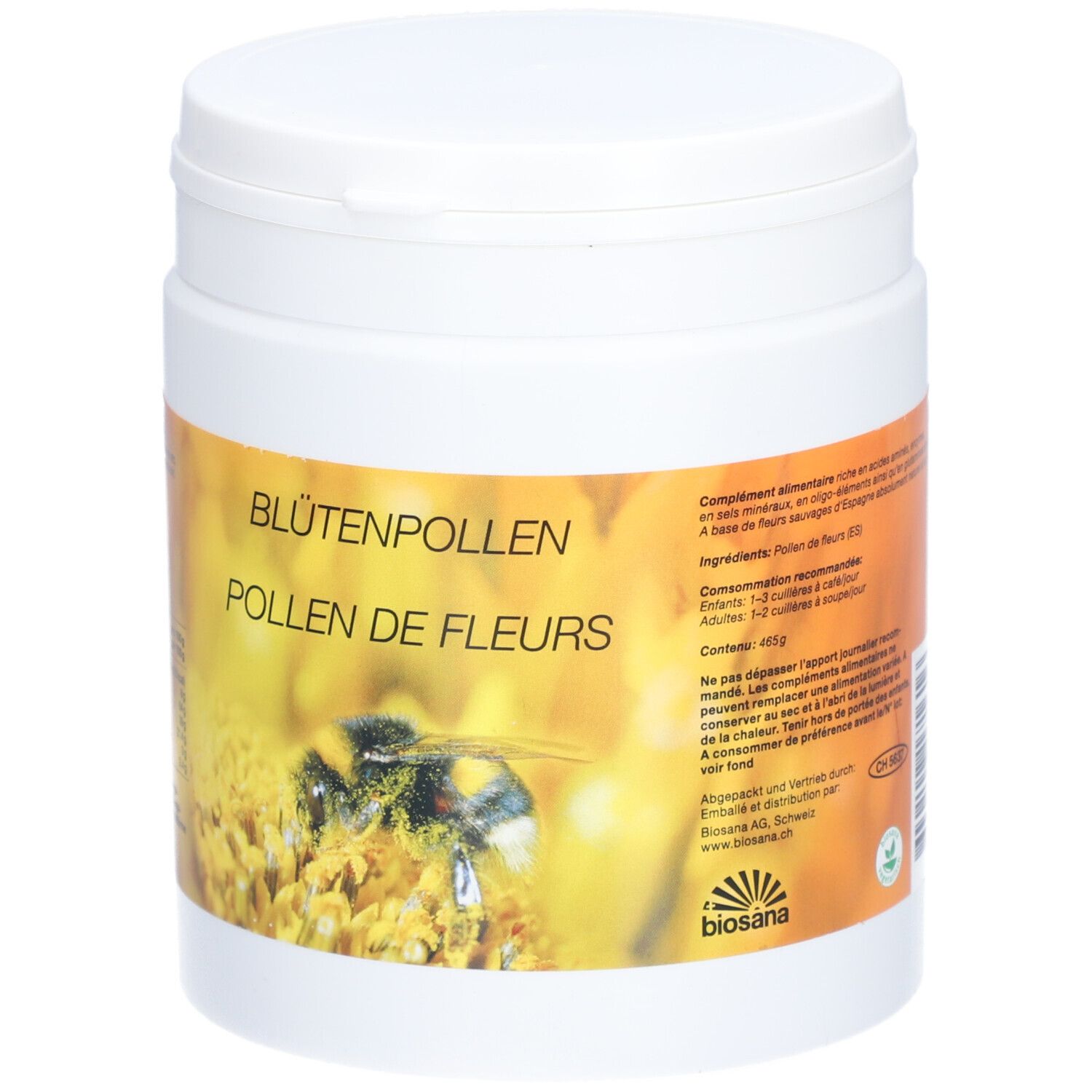 Weißer Behälter mit Deckel. Aufschrift: Blütenpollen, Pollen de Fleurs. Abbildung einer Biene auf einer Blüte. Marke: biosana.