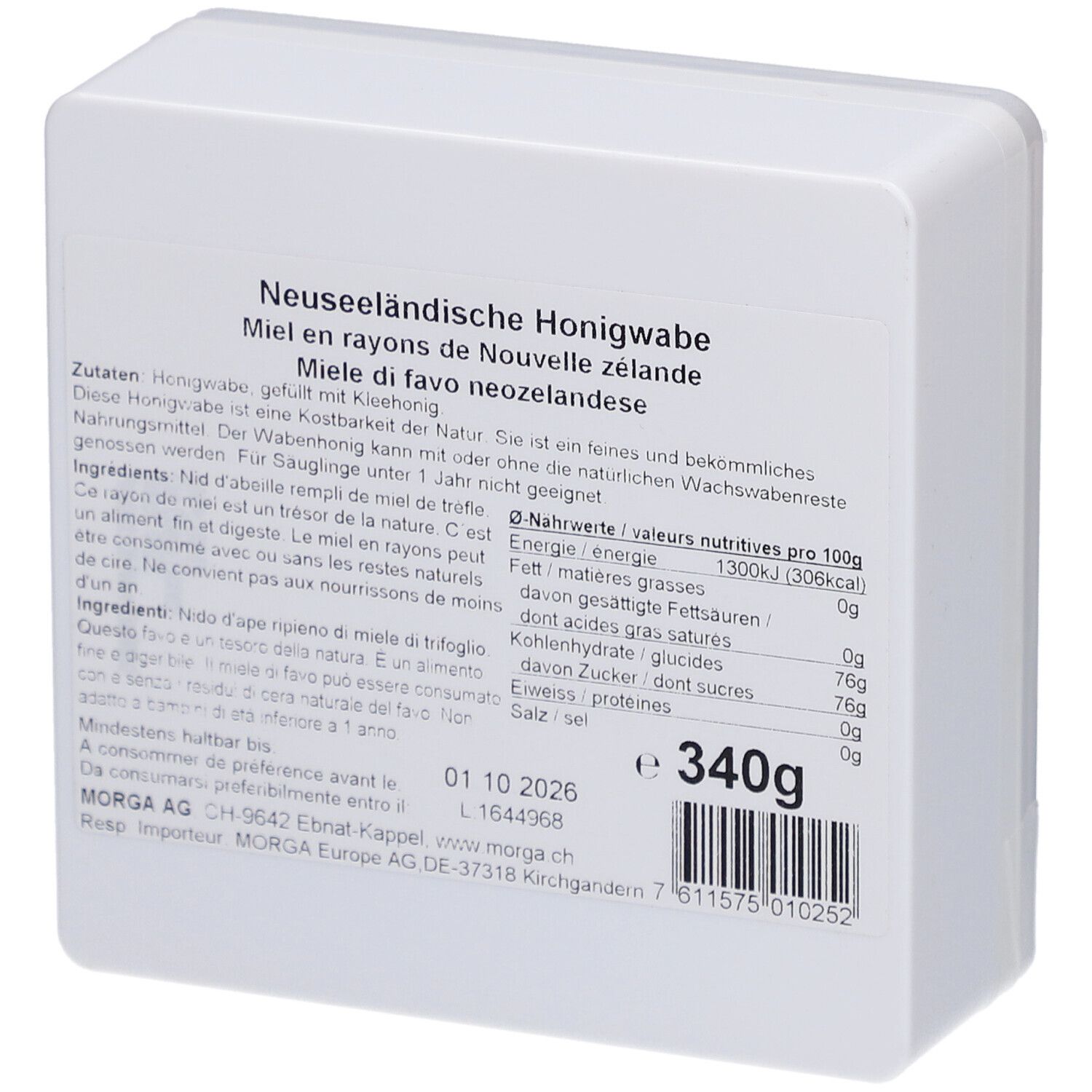MORGA miel en rayons. Emballage rectangulaire blanc avec texte et informations nutritionnelles. Texte: Miel en rayons de Nouvelle-Zélande, 340g.