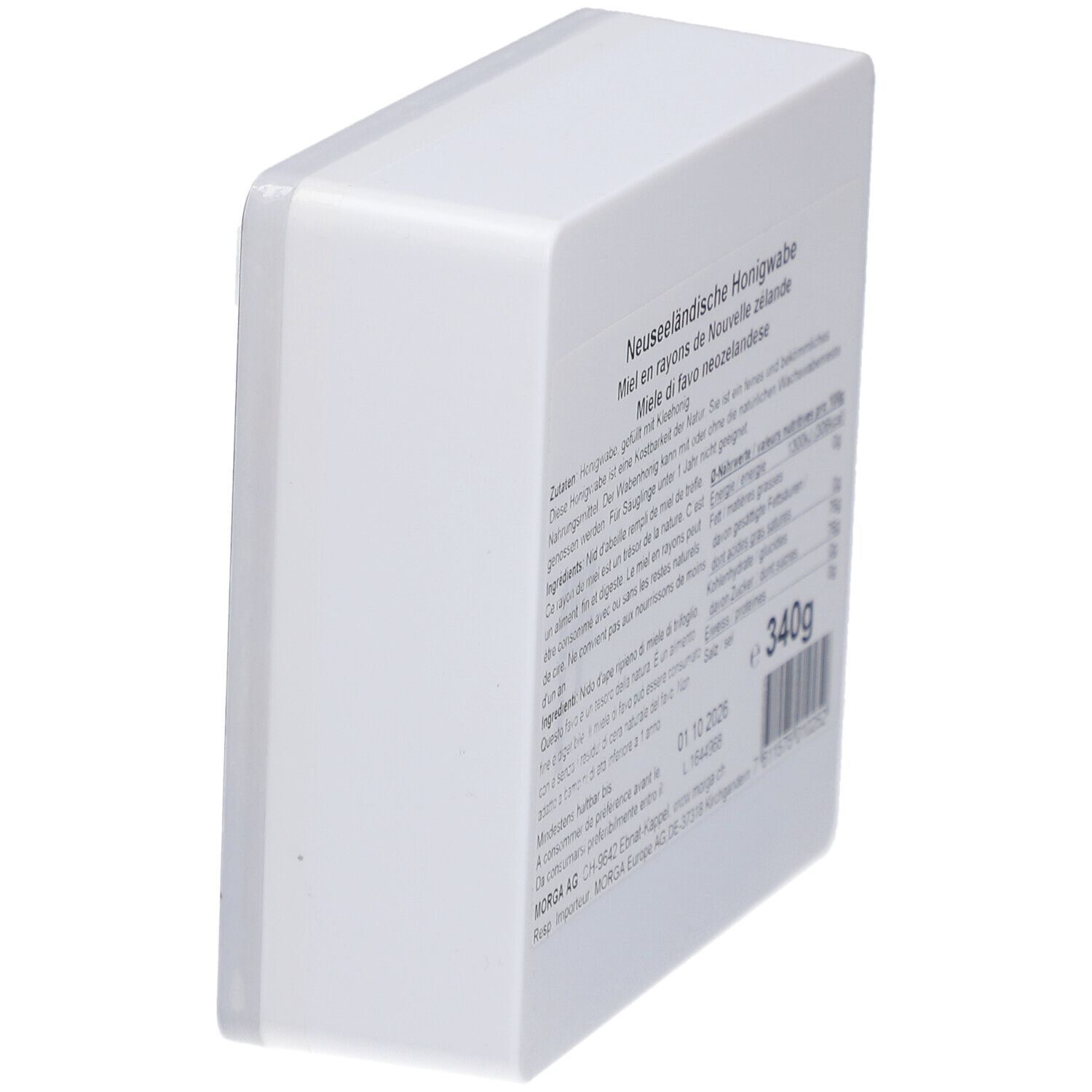 MORGA miel en rayons. Emballage rectangulaire blanc. Vue latérale avec texte et informations nutritionnelles. Texte: Miel en rayons de Nouvelle-Zélande, 340g.