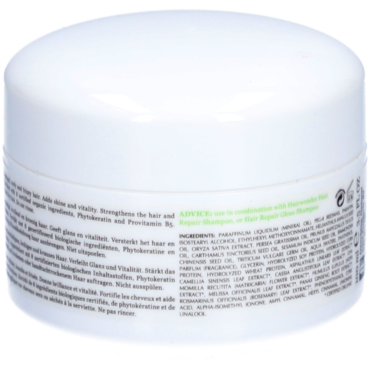 Pot blanc avec liste des ingrédients. Contient de la phytokératine et de la provitamine B5. Pour la brillance et la vitalité. Avec ingrédients bio certifiés.