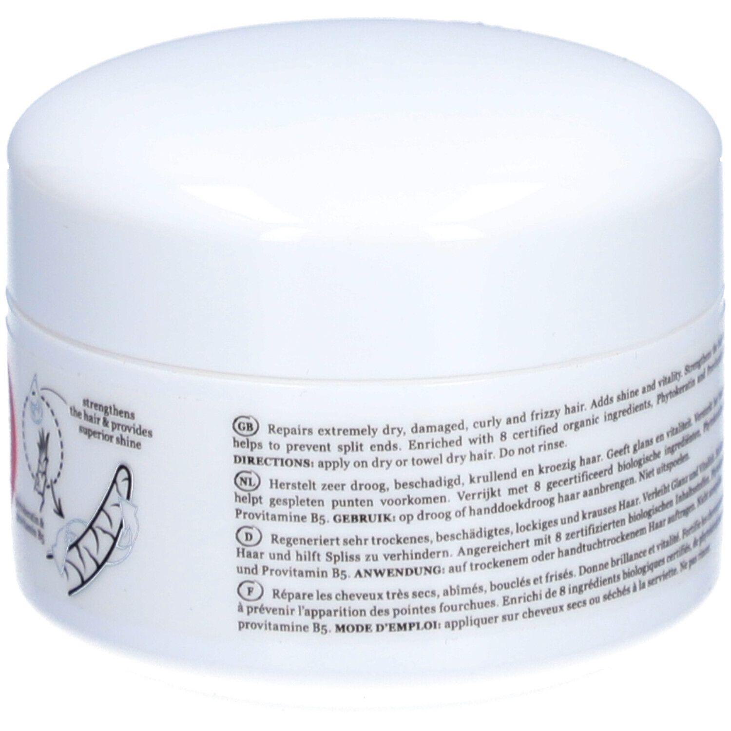 Pot blanc avec texte. Répare les cheveux secs, bouclés. Avec 8 ingrédients bio certifiés. Mode d'emploi : appliquer sur cheveux secs ou essorés.