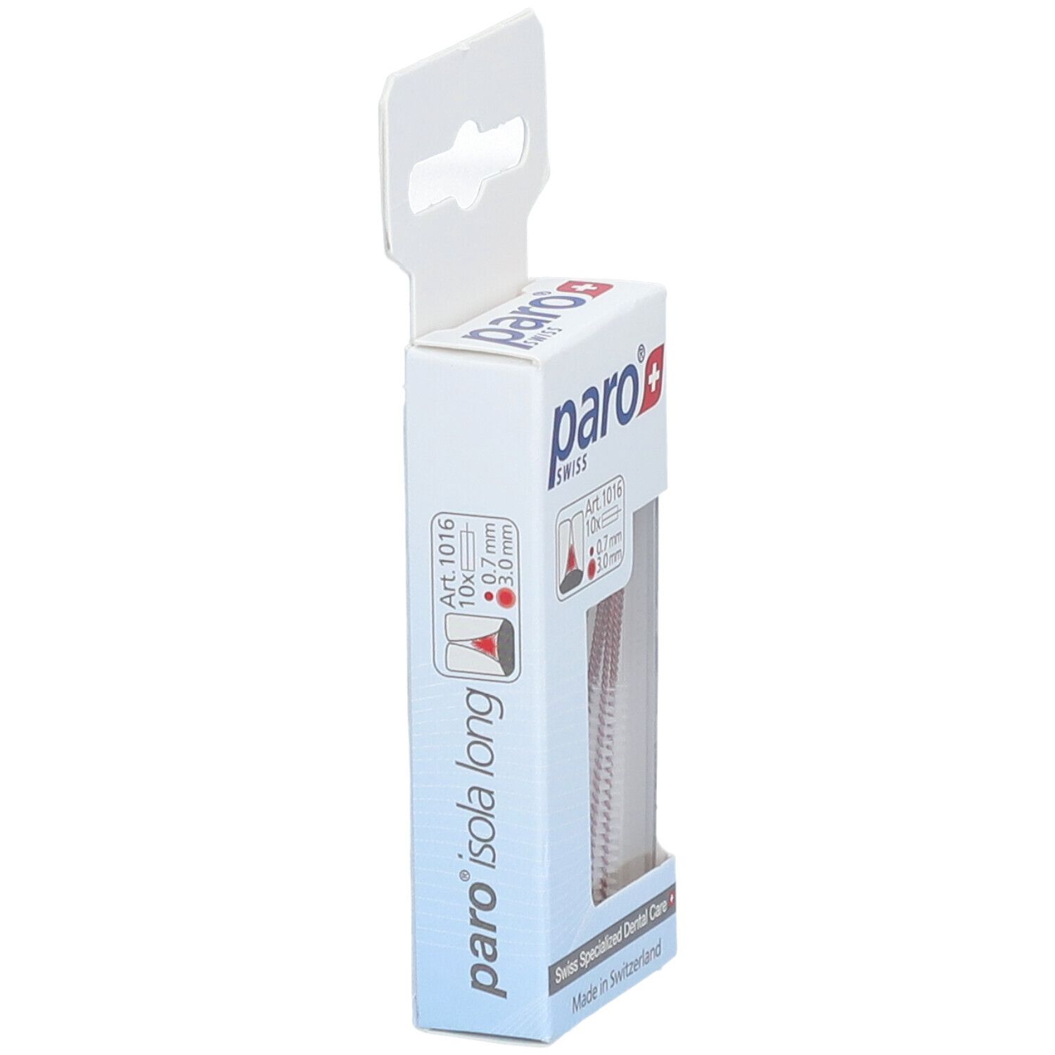 Seitenansicht der Verpackung mit Interdentalbürsten. Marke paro, Modell Isola Long. Text und Logo.
