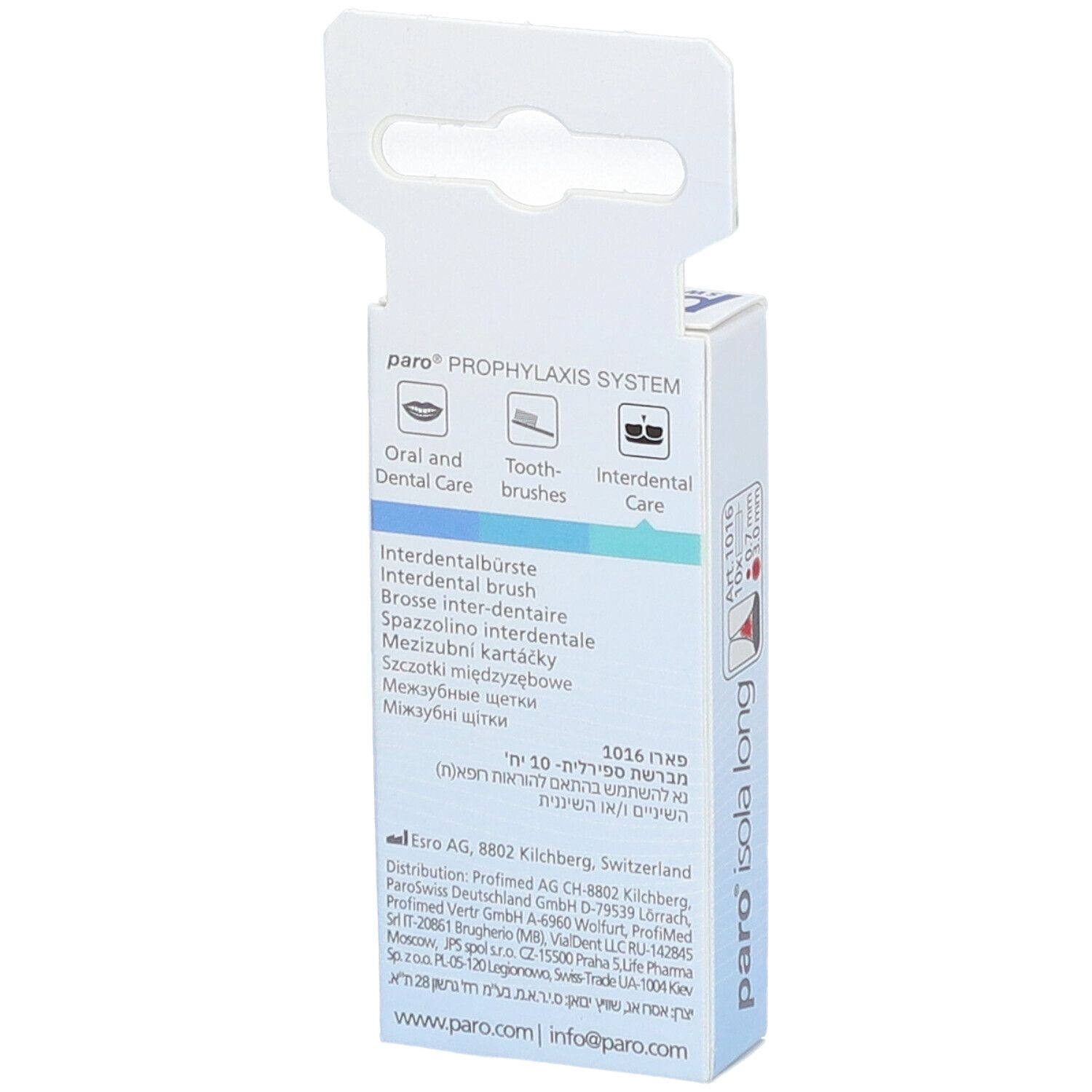 Rückseite der Verpackung mit Interdentalbürsten. Marke paro. Produktinformationen und Herstellerangaben.