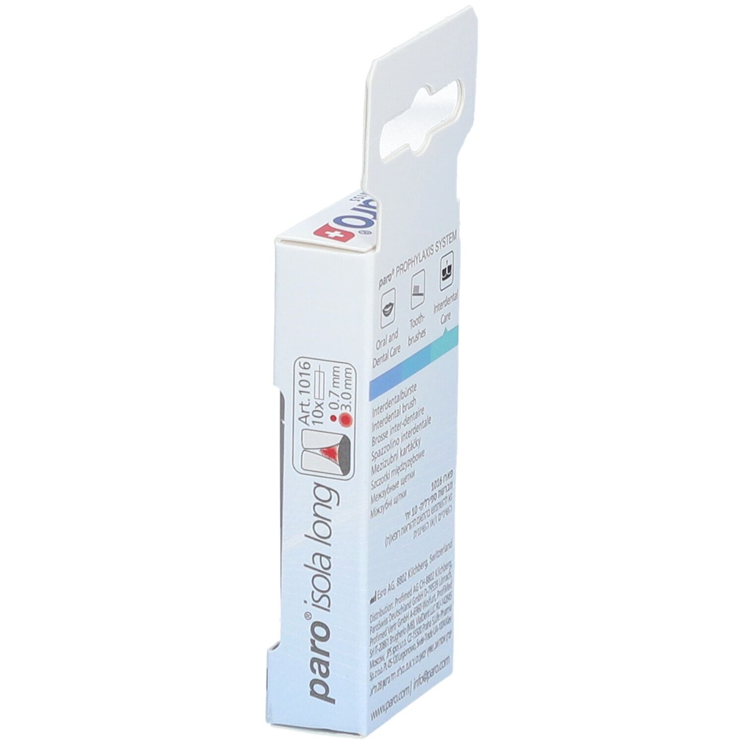 Seitenansicht der Verpackung mit Interdentalbürsten. Marke paro, Modell Isola Long. Text und Logo.