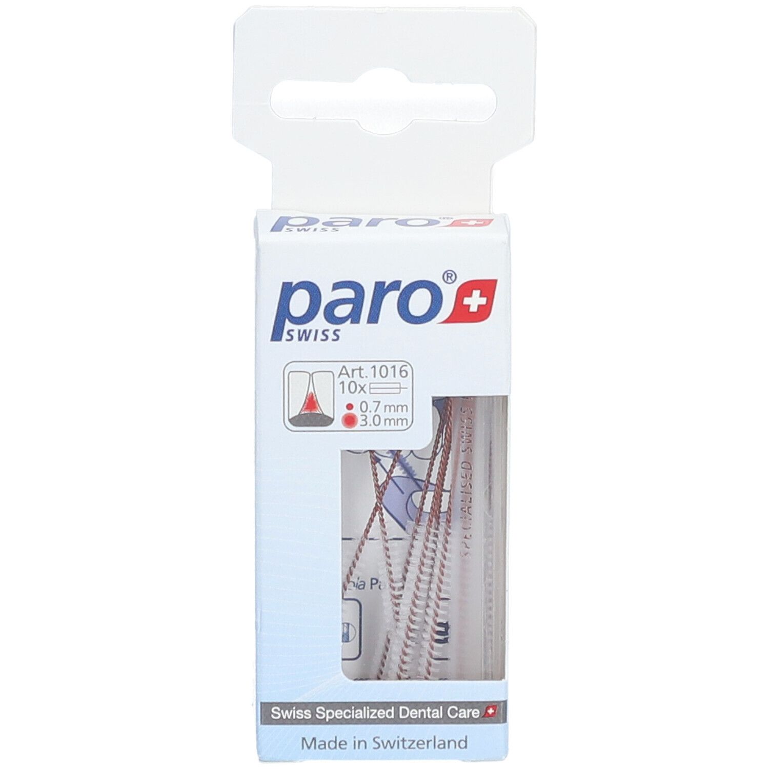 Verpackung mit Interdentalbürsten. Marke paro, Modell Isola Long. 10 Stück, 0,7 mm/3,0 mm. Sichtfenster.