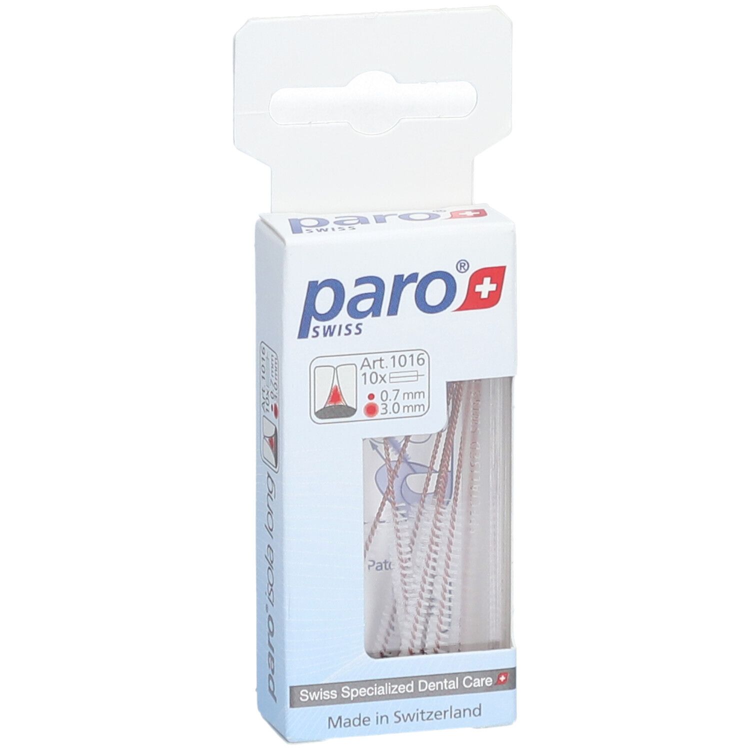 Verpackung mit Interdentalbürsten. Marke paro, Modell Isola Long. 10 Stück, 0,7 mm/3,0 mm. Sichtfenster.