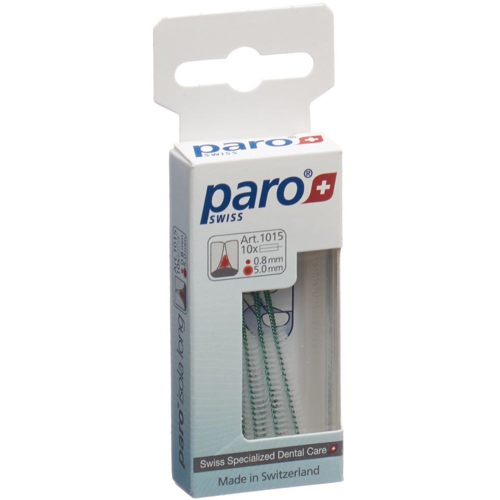 Verpackung mit Interdentalbürsten. Marke paro, grün. Art. 1015, 0,8 mm, 5,0 mm. Sichtfenster.