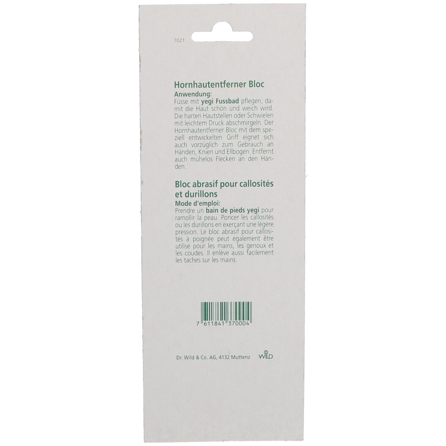 Rückseite der Yegi activ Verpackung. Text: Hornhautentferner Bloc, Anwendung, Inhaltsstoffe. Grüner Strichcode.