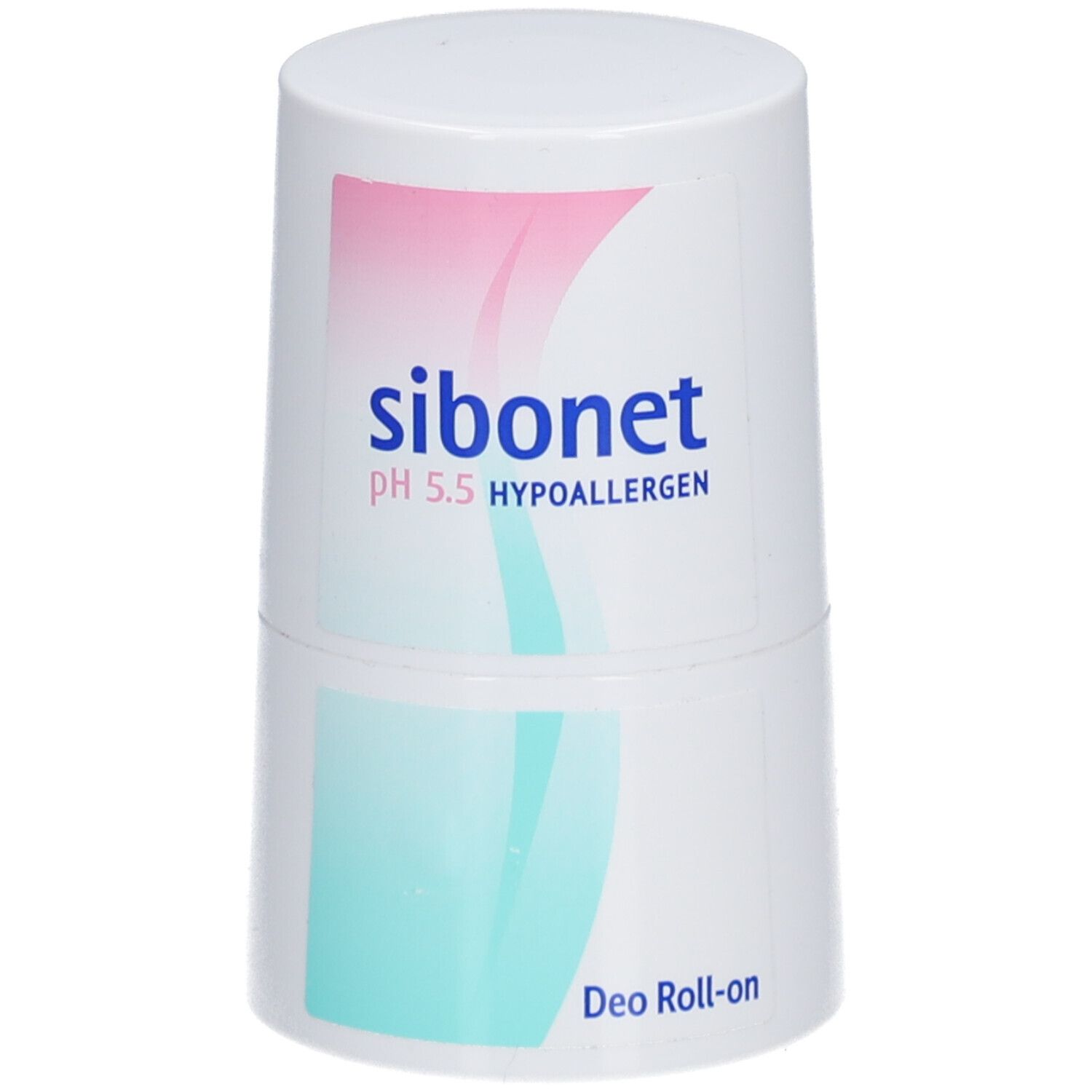 Weißer Deo Roll-on mit rosa und türkisfarbenem Design. Aufschrift: sibonet pH 5.5 HYPOALLERGEN. Deo Roll-on.