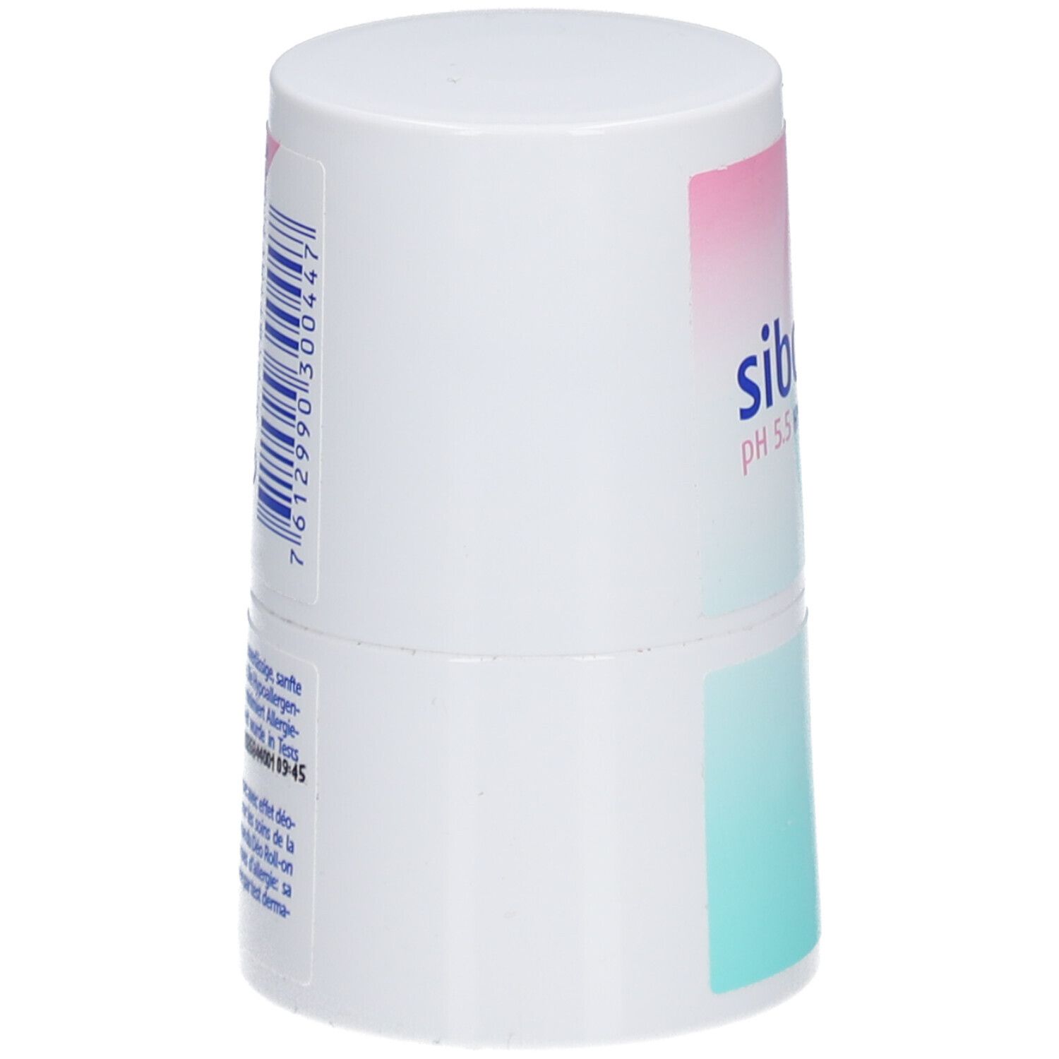 Weißer Deo Roll-on, seitliche Ansicht. Barcode und Text auf der Rückseite. Aufschrift: sibonet pH 5.5 HYPOALLERGEN.