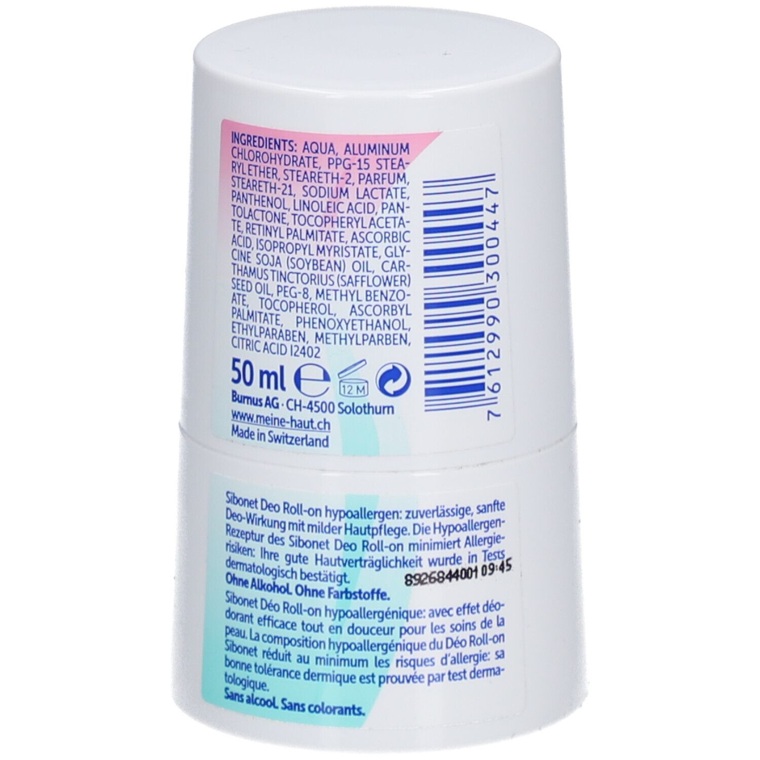 Rückseite des weißen Deo Roll-ons. Zutatenliste, Text und Barcode. Aufschrift: 50 ml, Made in Switzerland.