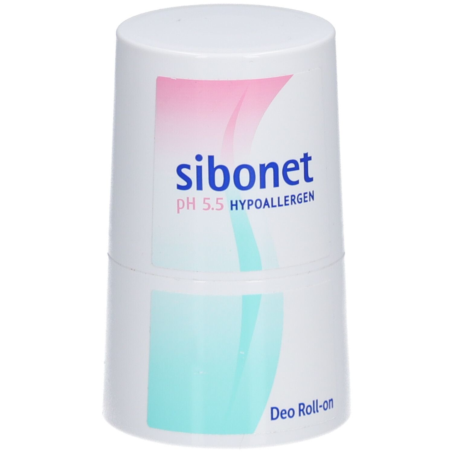 Weißer Deo Roll-on mit rosa und türkisfarbenem Design. Aufschrift: sibonet pH 5.5 HYPOALLERGEN. Deo Roll-on.