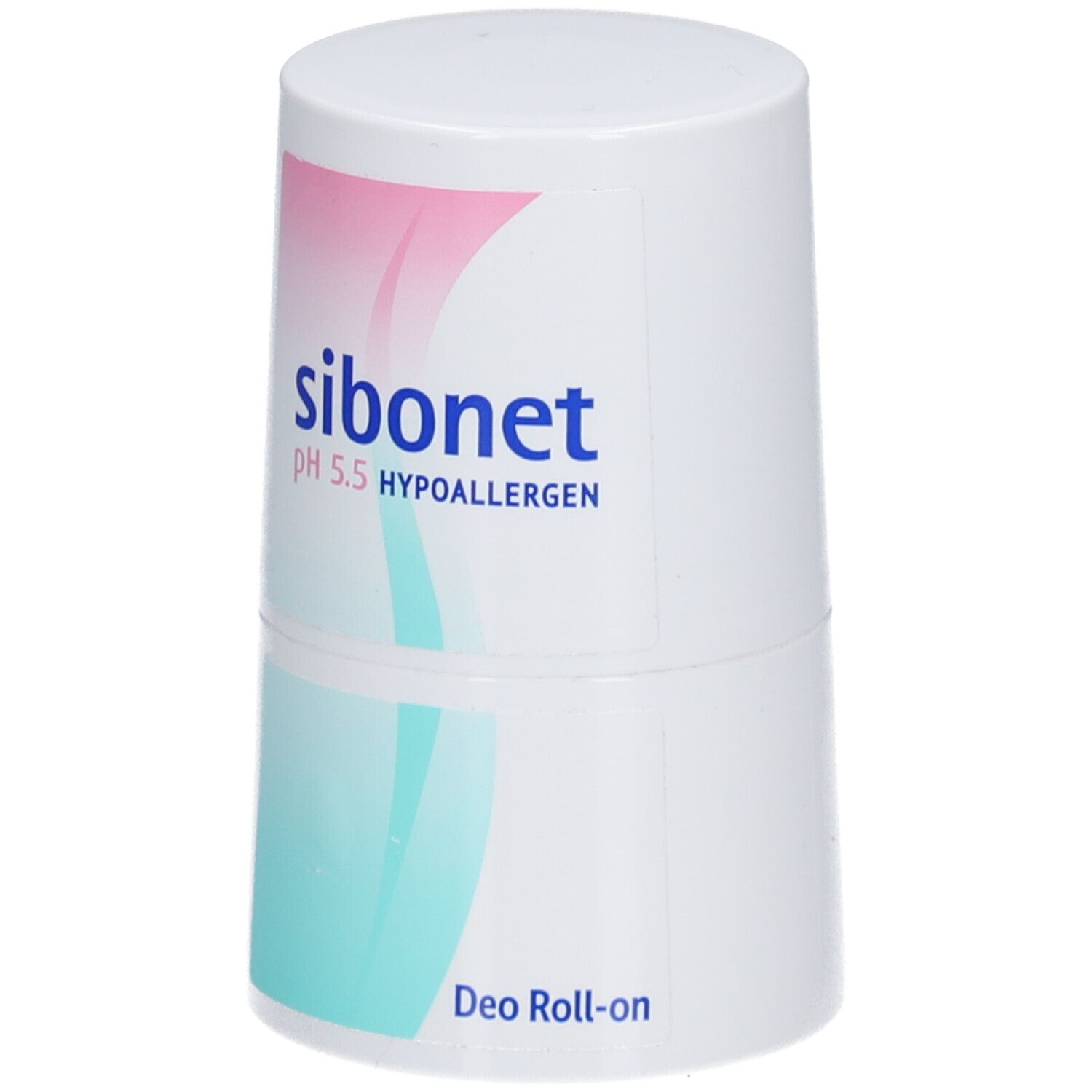 Weißer Deo Roll-on mit rosa und türkisfarbenem Design. Aufschrift: sibonet pH 5.5 HYPOALLERGEN. Deo Roll-on.