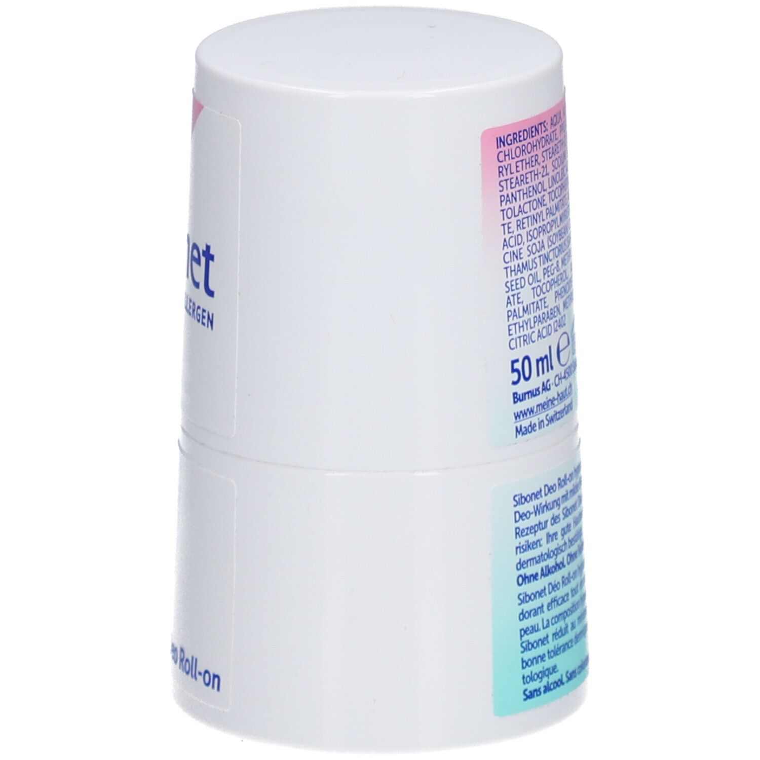 Seitliche Ansicht des weißen Deo Roll-ons. Zutatenliste, Text und Barcode. Aufschrift: 50 ml, Made in Switzerland.