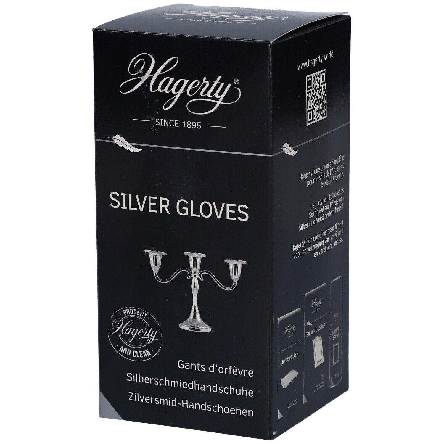 Schwarze Schachtel mit "Hagerty"-Logo und "SILVER GLOVES"-Schriftzug. Abbildung eines Kerzenständers. Text in mehreren Sprachen.