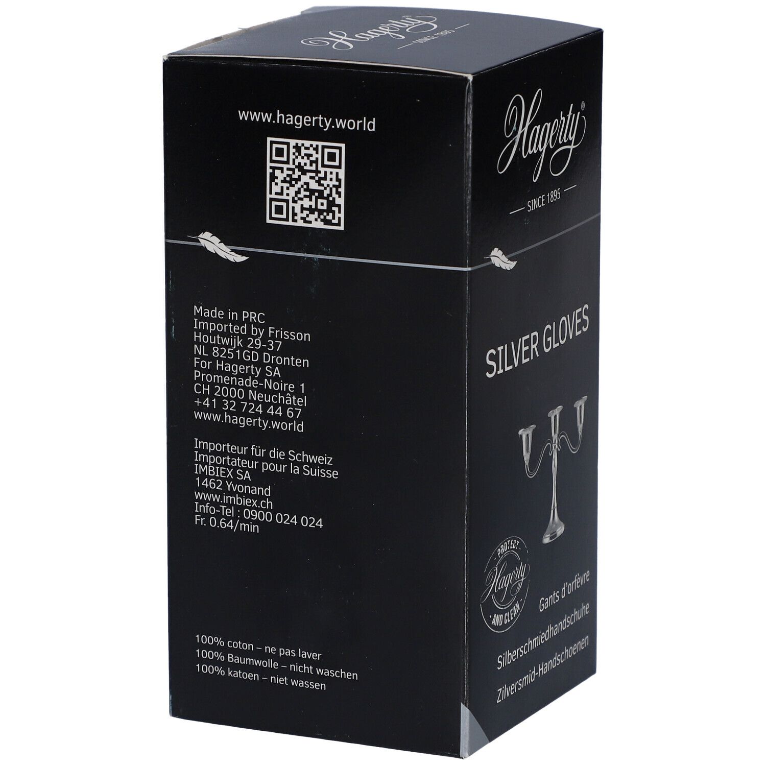 Rückseite der schwarzen Schachtel. "Hagerty"-Logo, QR-Code und Text mit Herstellerinformationen und Inhaltsangaben.