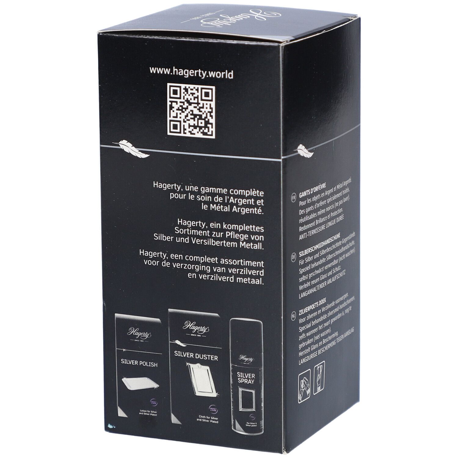 Seite der schwarzen Schachtel mit Text und Abbildungen von verwandten Produkten. "Hagerty"-Logo und QR-Code.