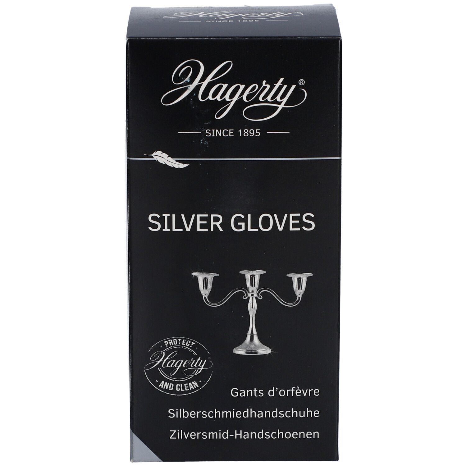 Schwarze Schachtel mit "Hagerty"-Logo und "SILVER GLOVES"-Schriftzug. Abbildung eines Kerzenständers. Text in mehreren Sprachen.