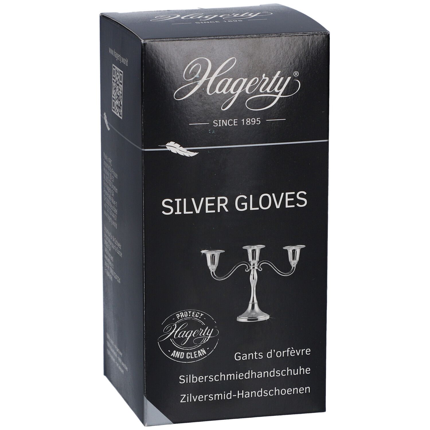 Schwarze Schachtel mit "Hagerty"-Logo und "SILVER GLOVES"-Schriftzug. Abbildung eines Kerzenständers. Text in mehreren Sprachen.