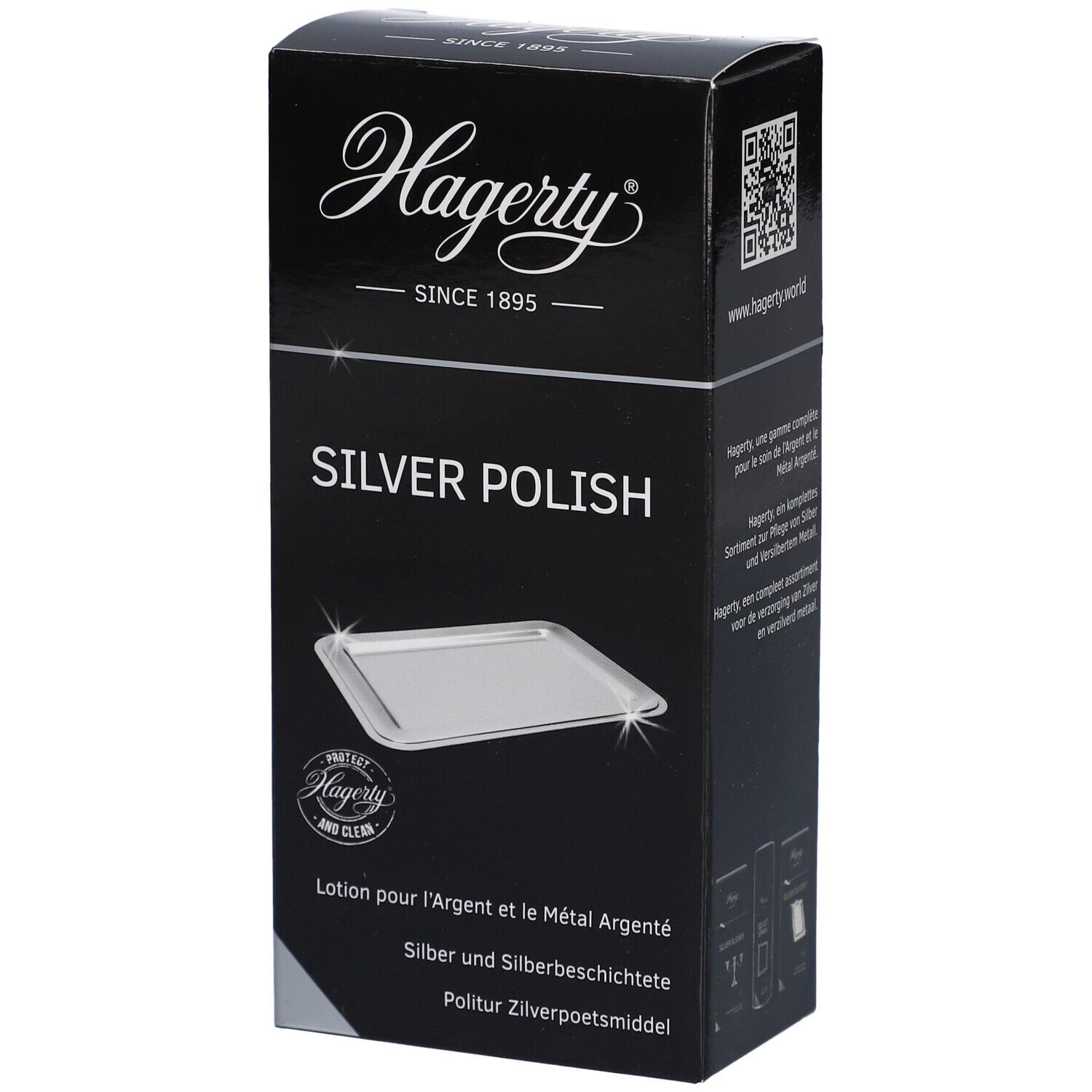 Schwarze Schachtel mit Hagerty-Logo und "SILVER POLISH"-Schriftzug. Abbildung einer silbernen Schale. QR-Code und Text.