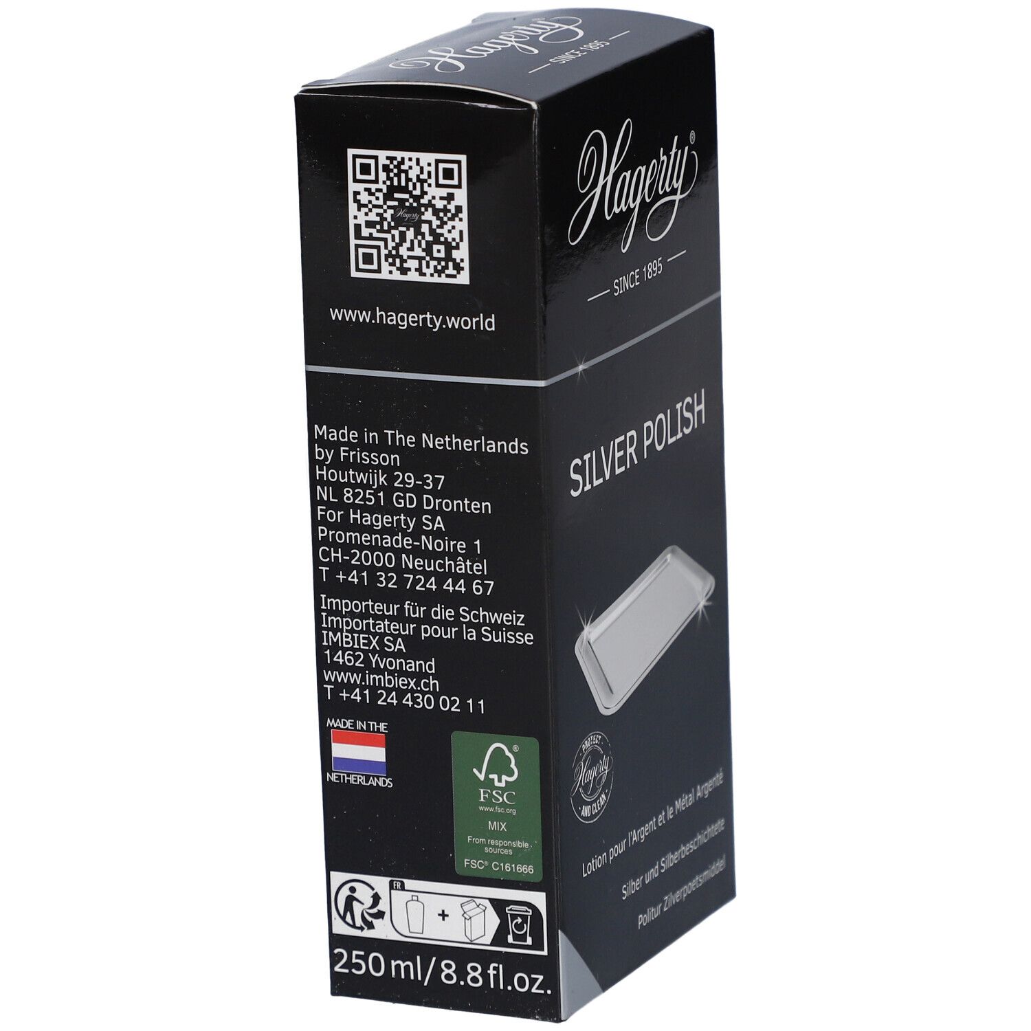 Schwarze Schachtel mit Hagerty-Logo und Text. QR-Code, Text "www.hagerty.world", FSC-Logo, und Text "Made in The Netherlands".