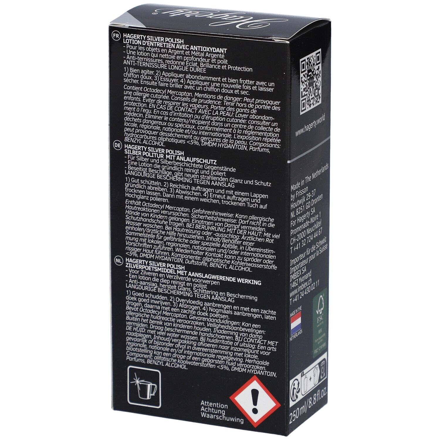 Rückseite der schwarzen Schachtel mit Text in mehreren Sprachen. Warnhinweis und Mengenangabe 250 ml/8.8 fl.oz.