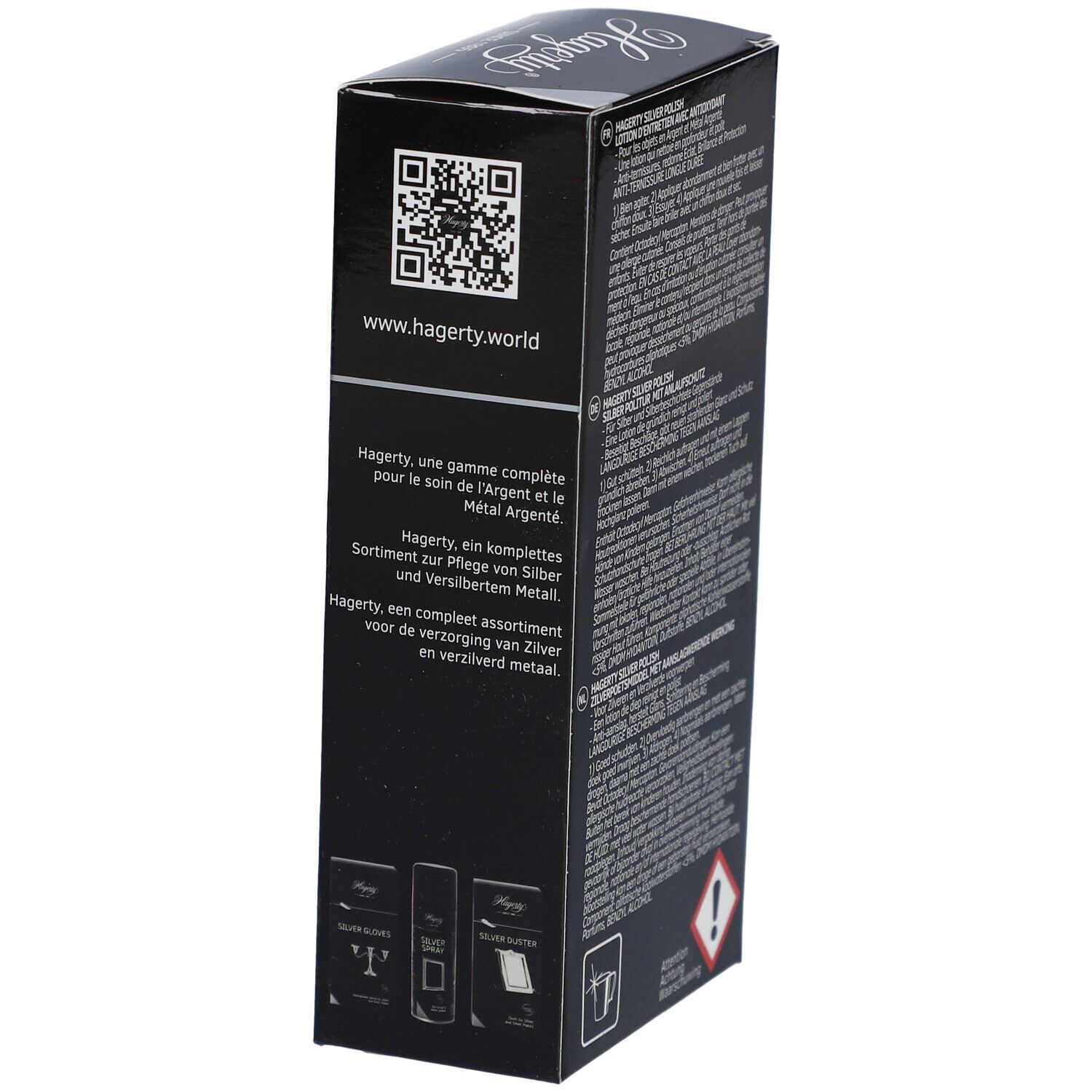 Schwarze Schachtel mit Text in mehreren Sprachen. QR-Code und Text "www.hagerty.world".