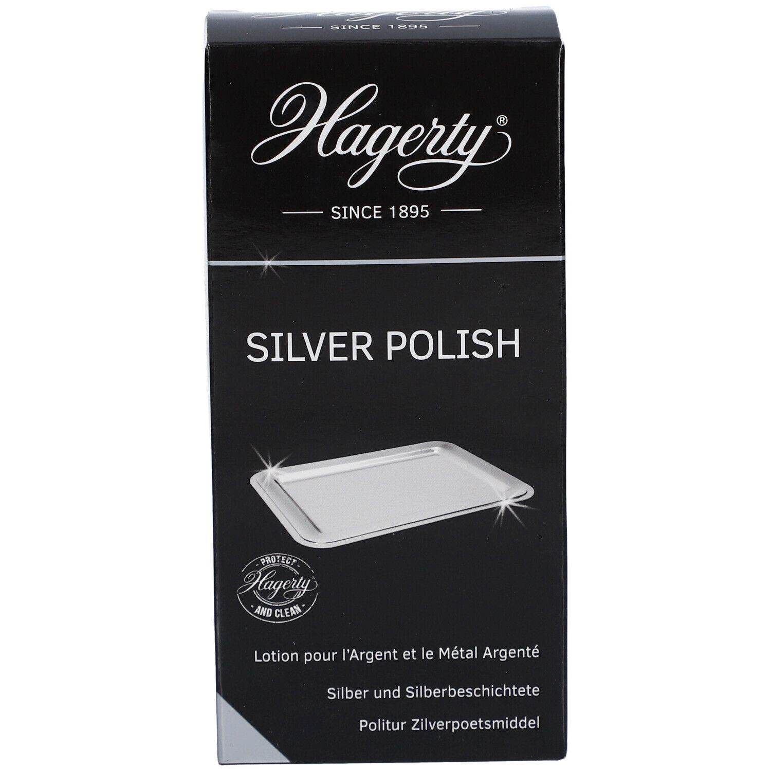 Schwarze Schachtel mit Hagerty-Logo und "SILVER POLISH"-Schriftzug. Abbildung einer silbernen Schale. Text.