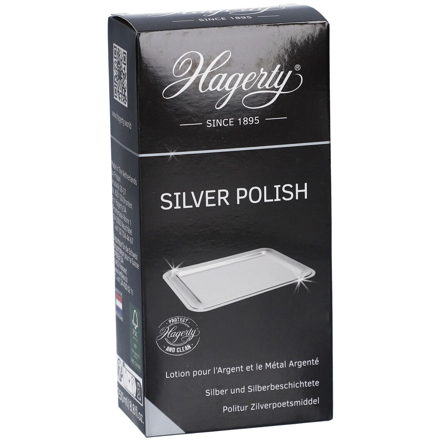 Schwarze Schachtel mit Hagerty-Logo und "SILVER POLISH"-Schriftzug. Abbildung einer silbernen Schale. Text und QR-Code.