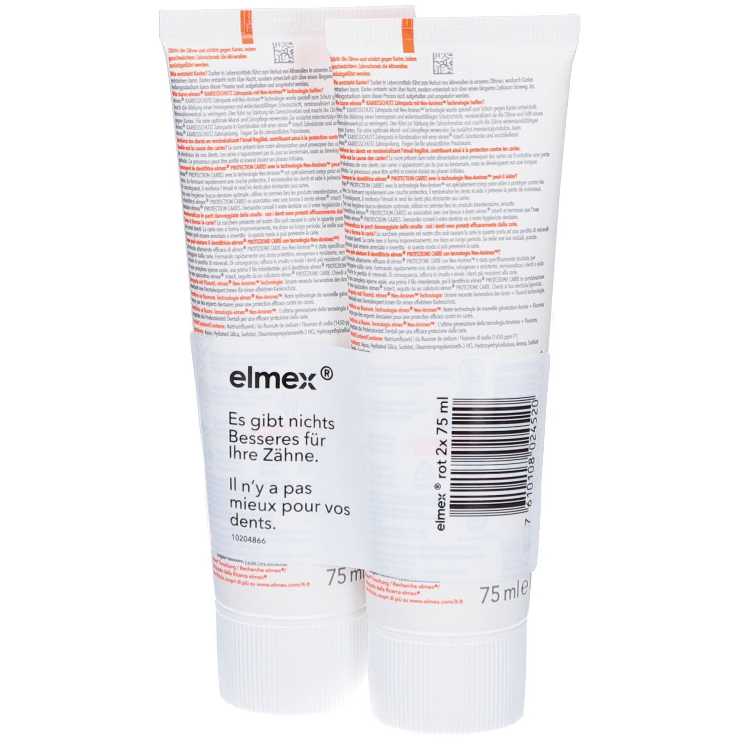 Zwei Tuben Zahnpasta. Rückseite mit Text und Barcode. "elmex" und "rot 2x75 ml" Schriftzug.