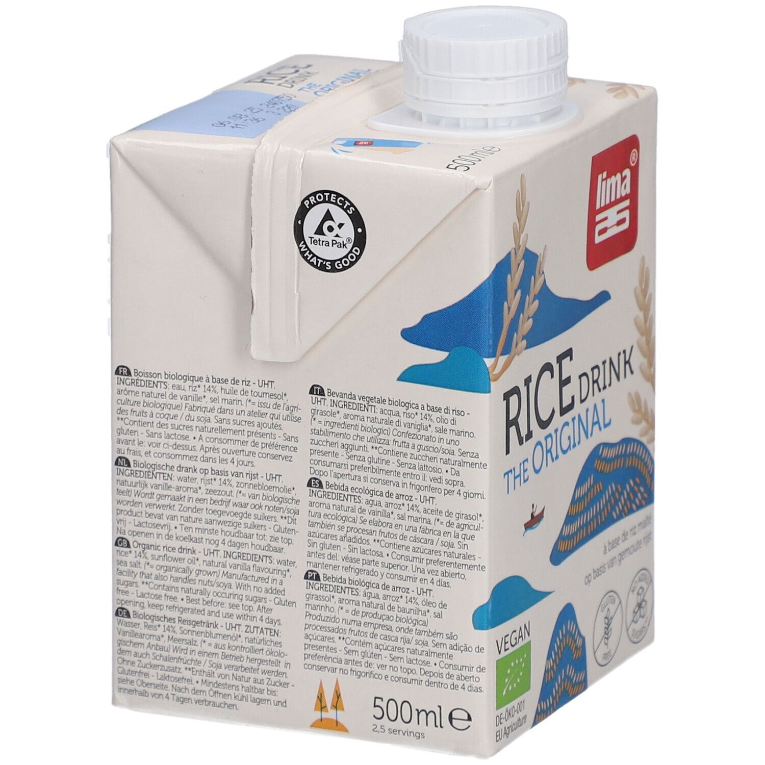 Tetrapack mit Reisdrink. Aufschrift: Rice Drink The Original. Vegan. Bio-Siegel. Glutenfrei, ohne Zuckerzusatz. 500ml.