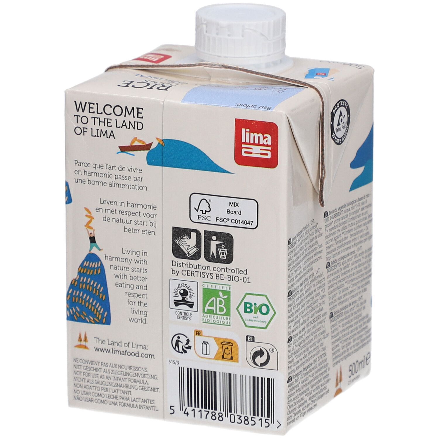 Rückseite des Tetrapacks mit Reisdrink. Text: Welcome to the Land of Lima. Bio-Siegel. FSC-Siegel. 500ml.