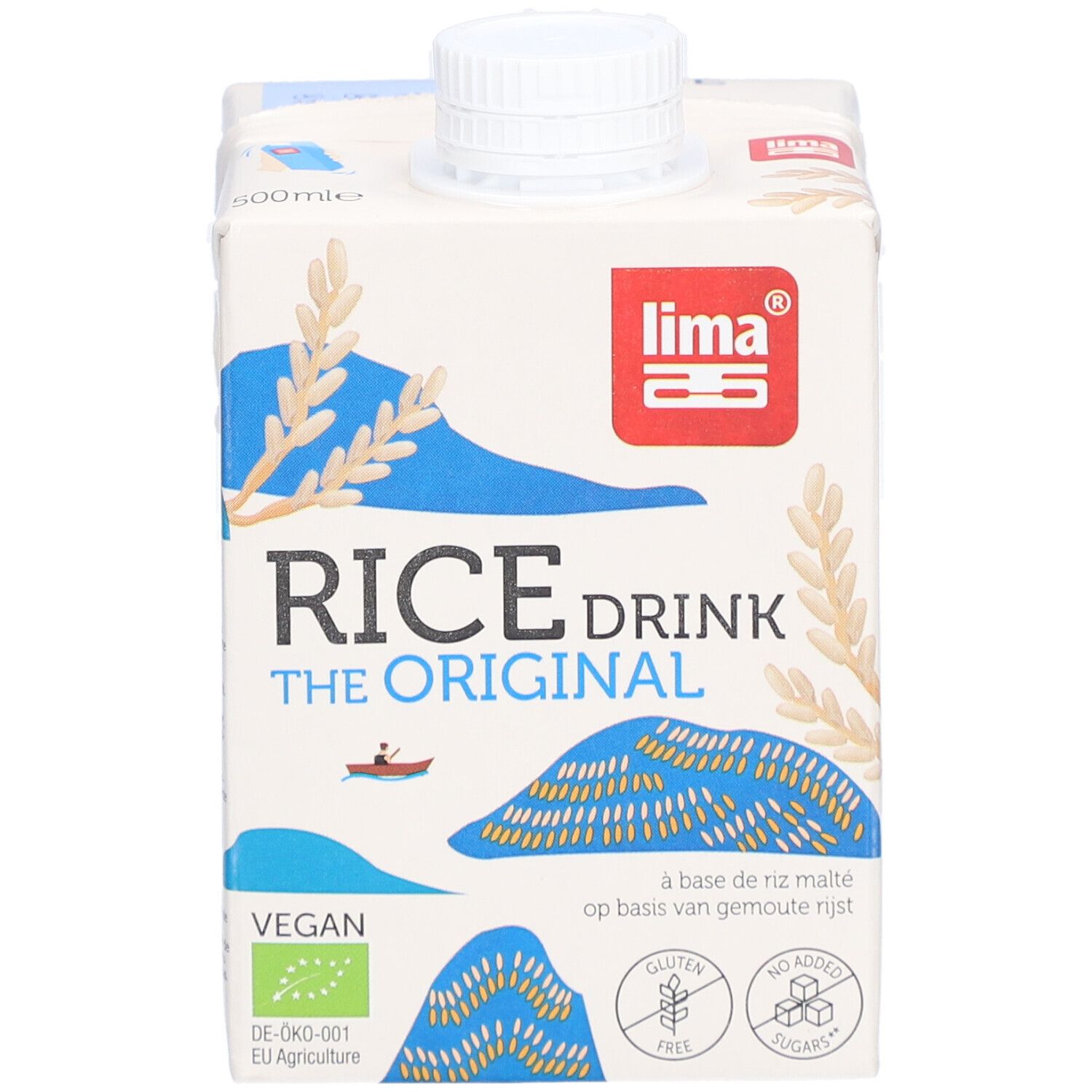 Tetrapack mit Reisdrink. Aufschrift: Rice Drink The Original. Vegan. Bio-Siegel. Glutenfrei, ohne Zuckerzusatz. 500ml.