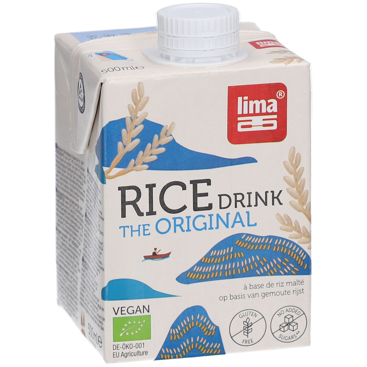 Tetrapack mit Reisdrink. Aufschrift: Rice Drink The Original. Vegan. Bio-Siegel. Glutenfrei, ohne Zuckerzusatz. 500ml.
