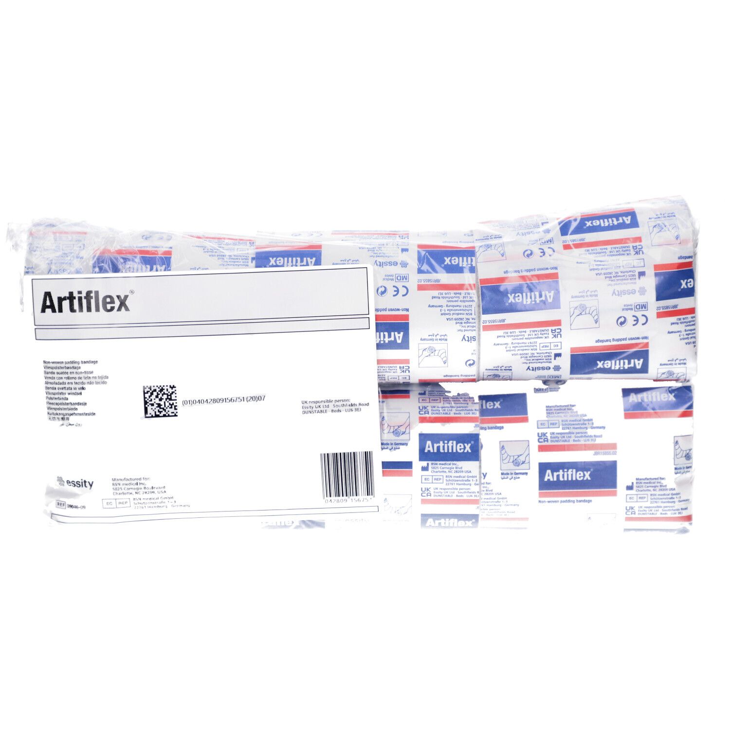Emballage de bandages Artiflex. Le logo et les informations sur le produit sont visibles. Des bandages individuels sont également visibles.