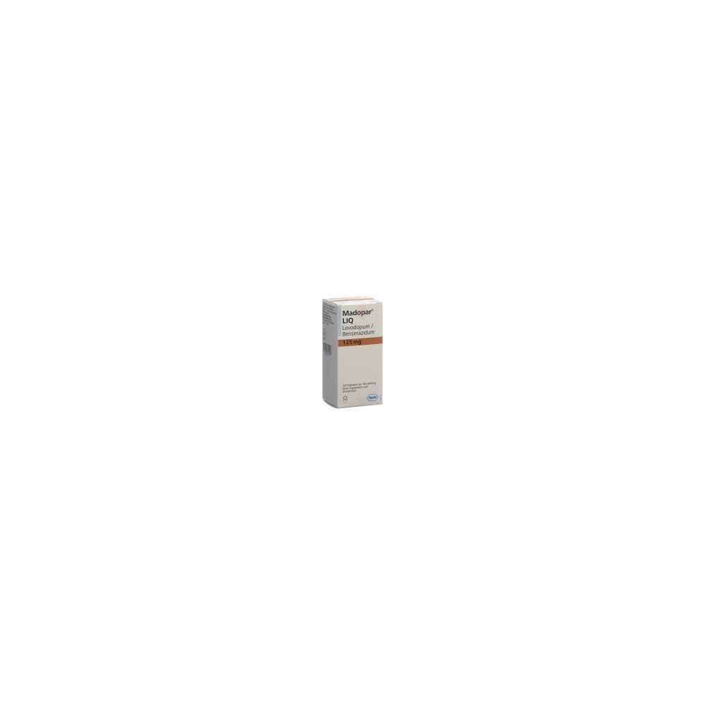 Boîte en carton avec texte "Madopar LIQ". Couleurs marron et blanc. Texte visible sur l'emballage.