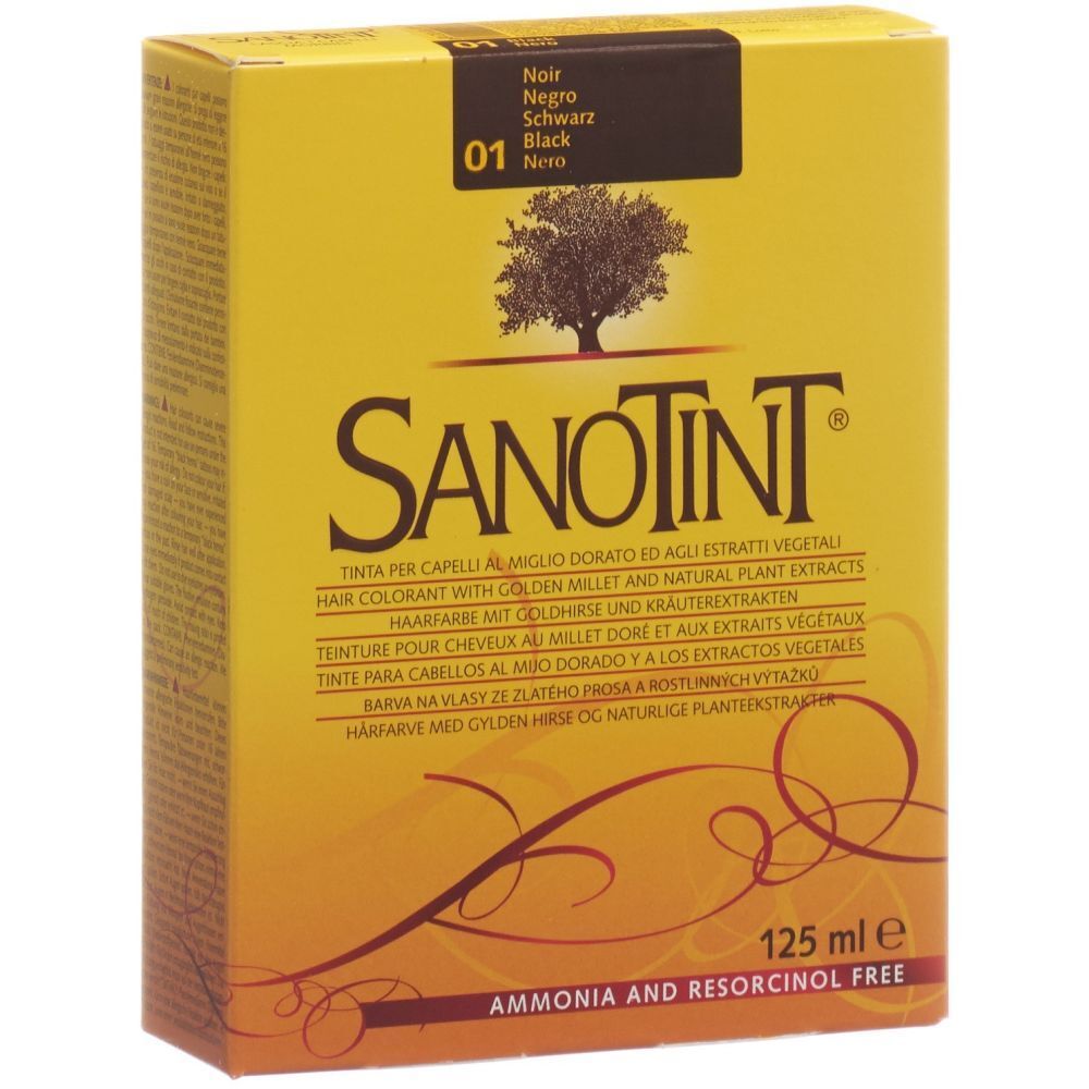 Gelbe Schachtel mit SANOTINT® Haarfarbe schwarz 01. Enthält 125 ml. Aufdrucke in mehreren Sprachen.
