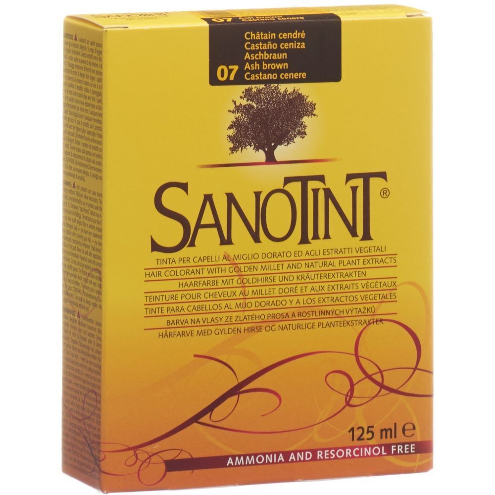 Gelbe Schachtel mit Produktnamen und Aufschrift "Ash brown 07". Enthält 125 ml. Frei von Ammoniak und Resorcin.