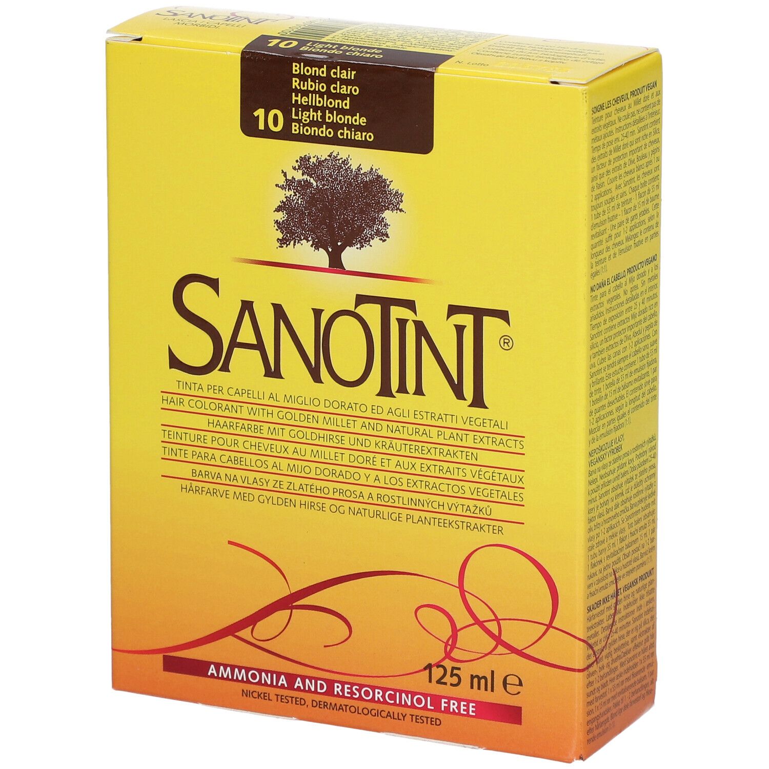 Boîte jaune SANOTINT® Hellblond. Inscription en plusieurs langues. Sans ammoniaque ni résorcinol. Contenance 125 ml.