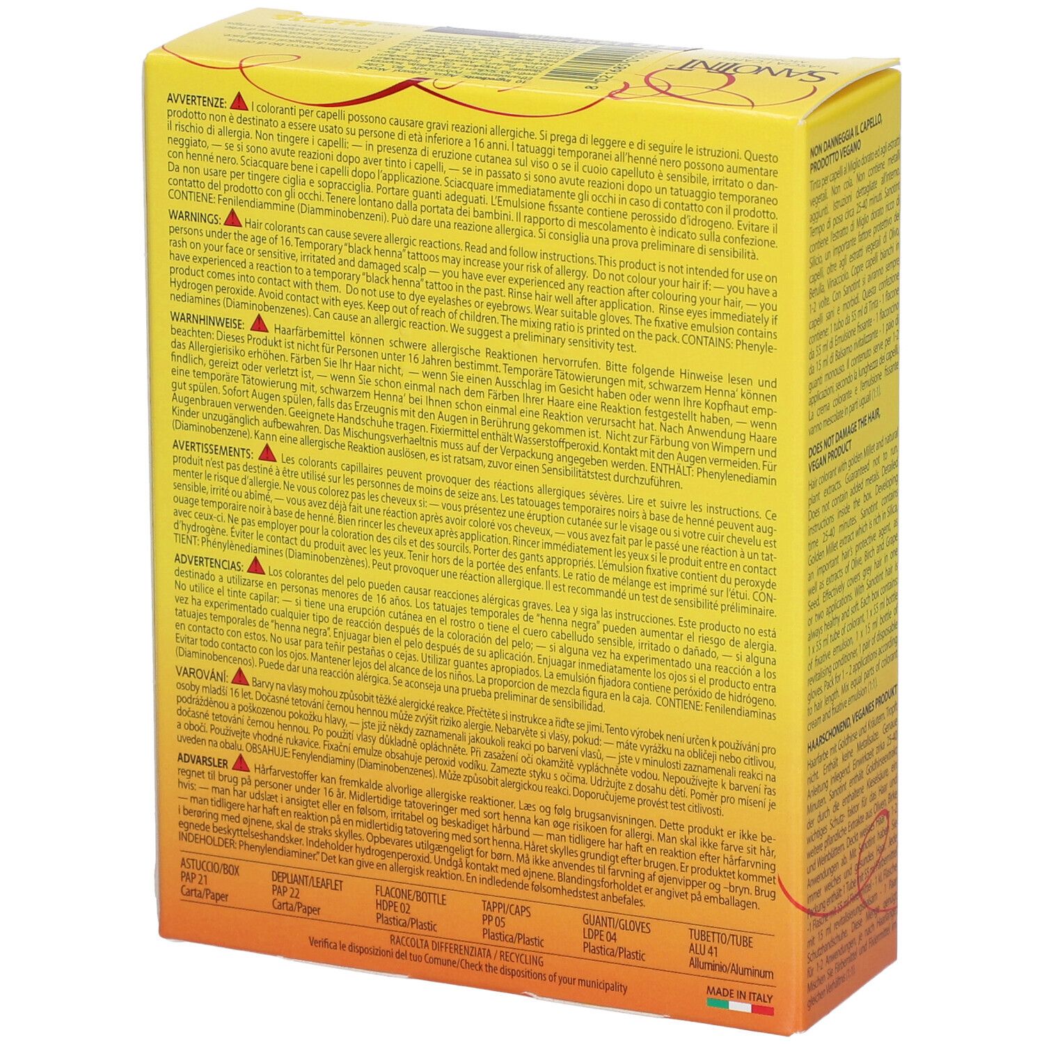 Dos de la boîte jaune SANOTINT®. Avertissements et ingrédients en plusieurs langues. Fabriqué en Italie.