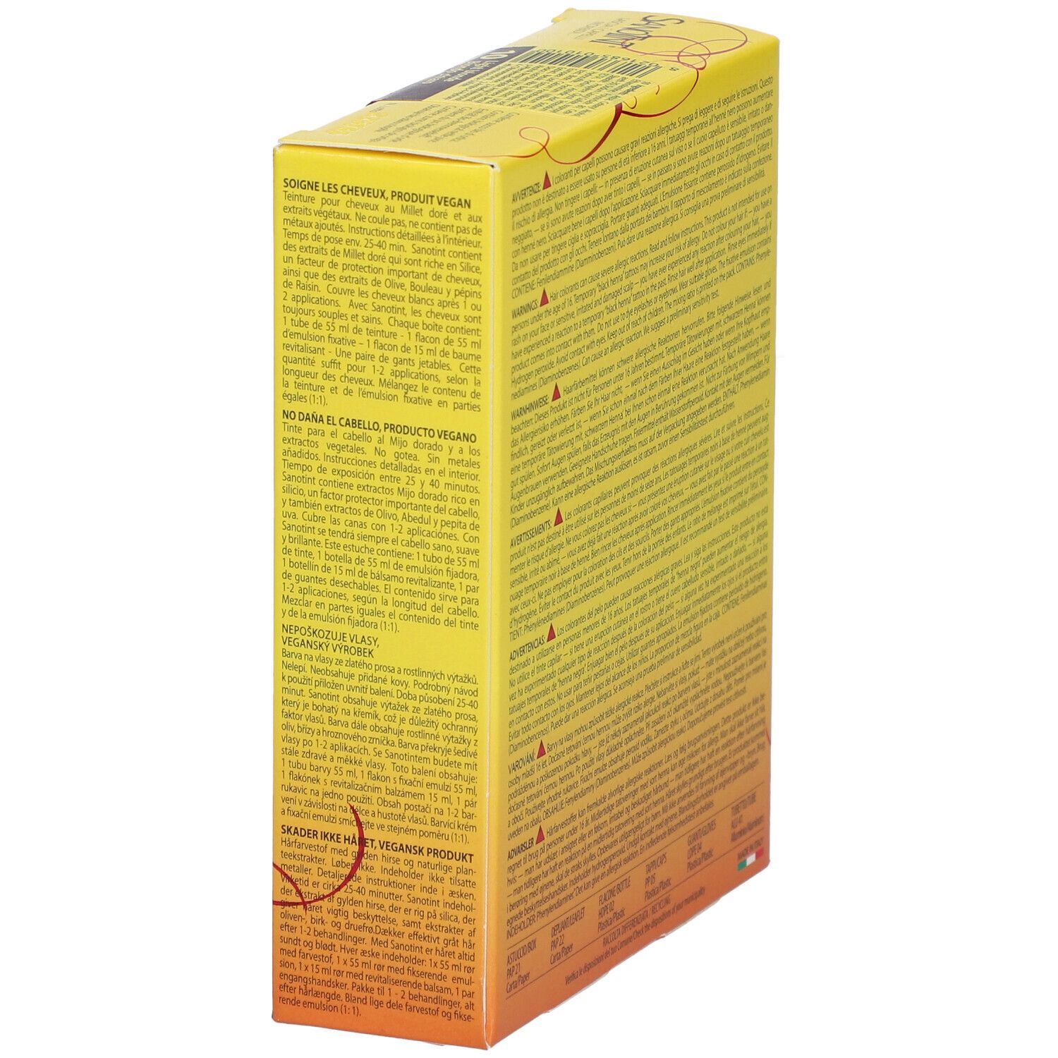Vue latérale de la boîte jaune SANOTINT®. Texte multilingue. Vegan. 125 ml. Sans ammoniaque ni résorcinol.